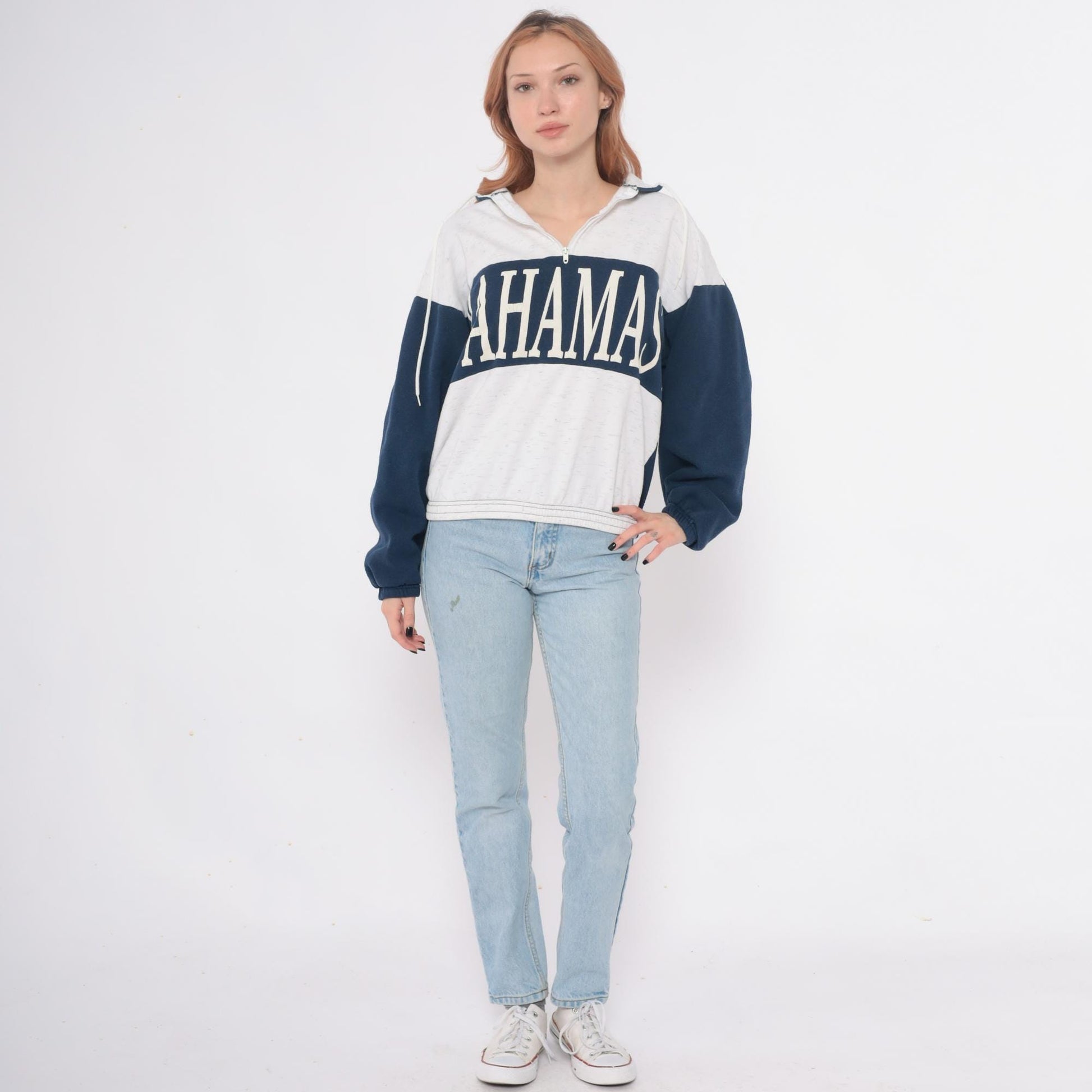 80s Bahamas Zip Hoodie Colorblock Navy Cream Cotton Small Medium