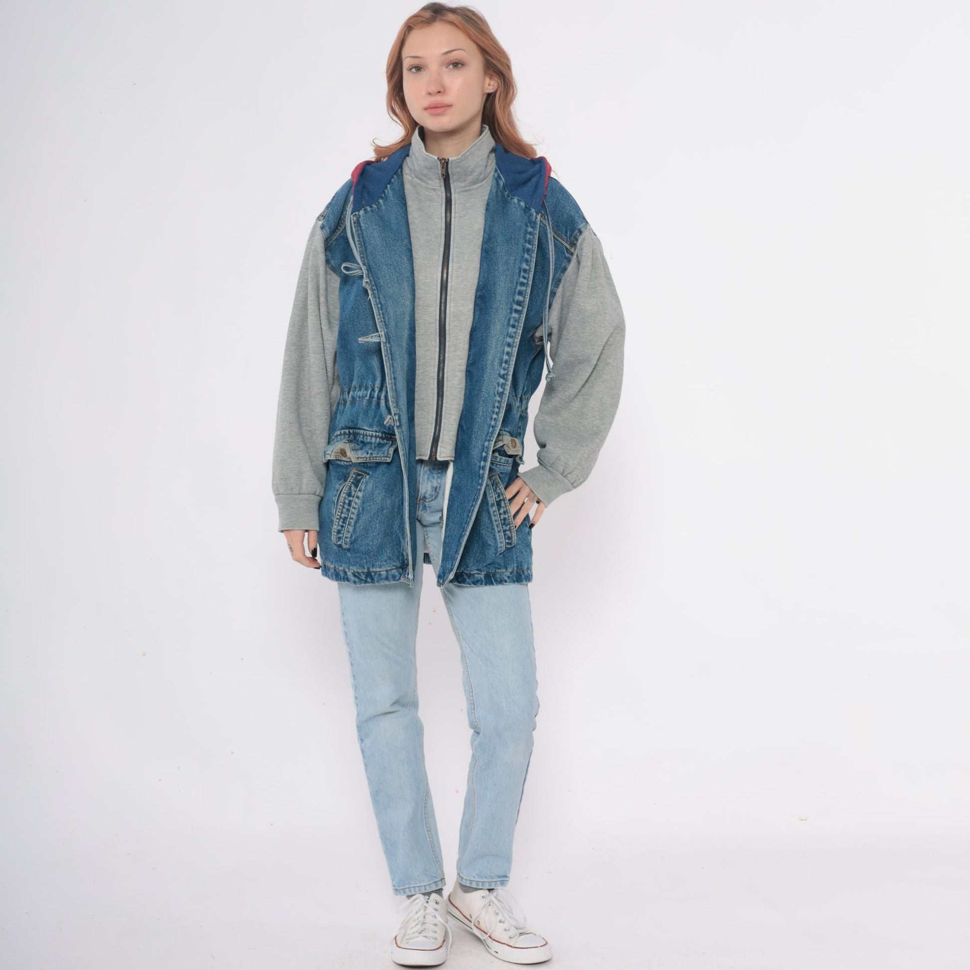90s New York Girl Denim Jacket Colorblock Hood Toggle Closure Medium M