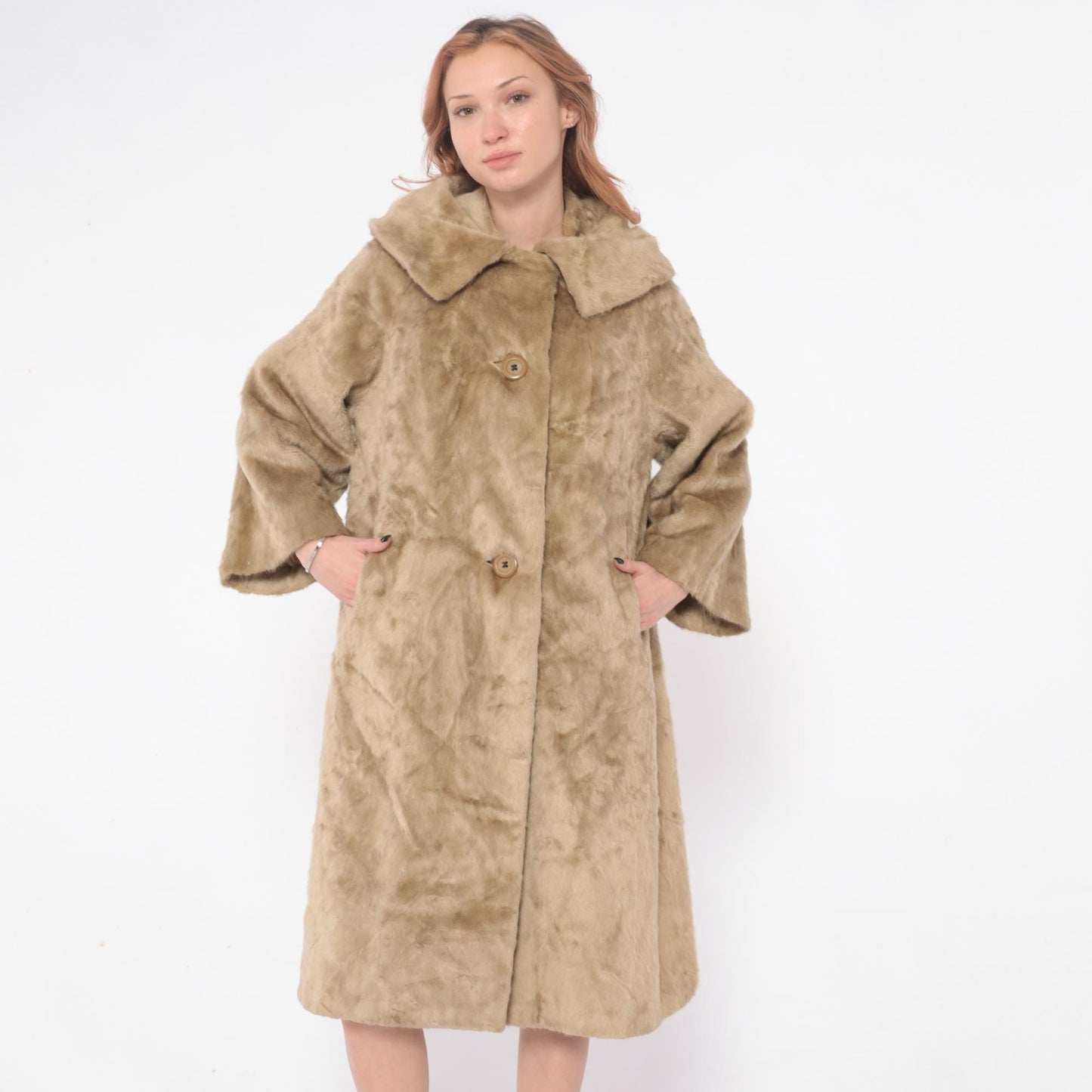 60s Sutton Place Faux Fur Coat Beige Shawl Collar A-Line Large L