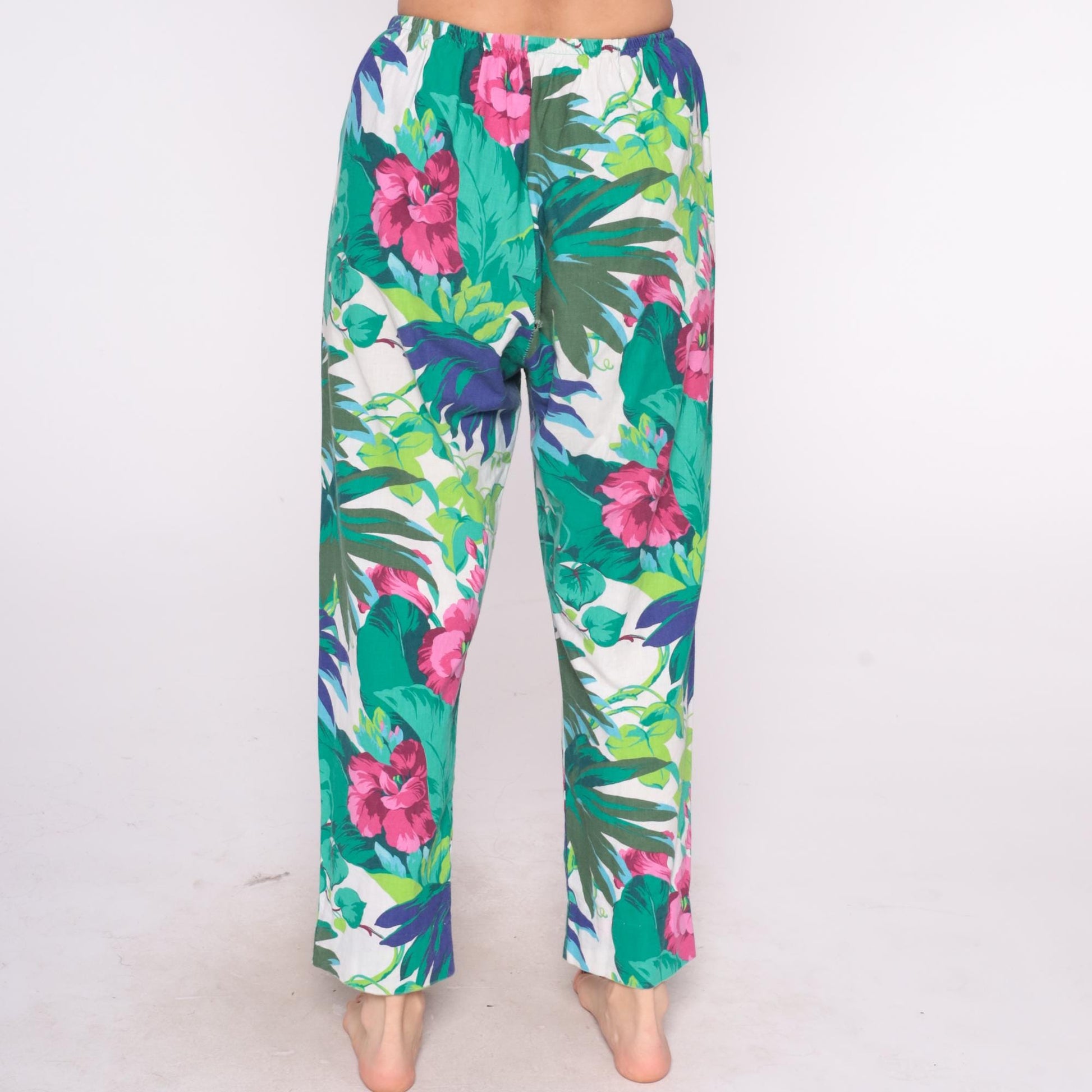 90s Tropical Floral Straight Leg Pants White Pink Green Elastic Waist Large L