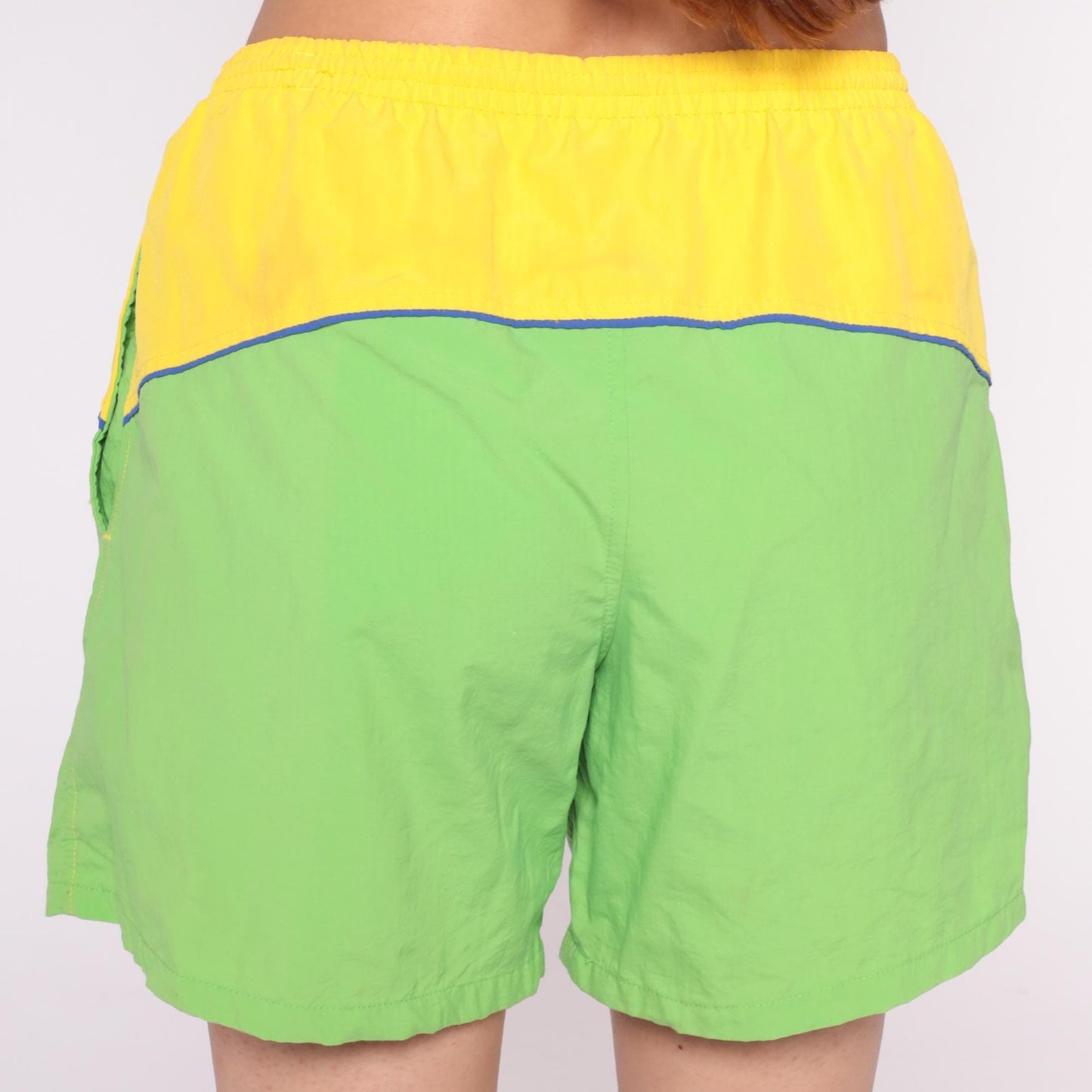 80s Colorblock Athletic Shorts Neon Yellow Lime Green Blue Piping Medium