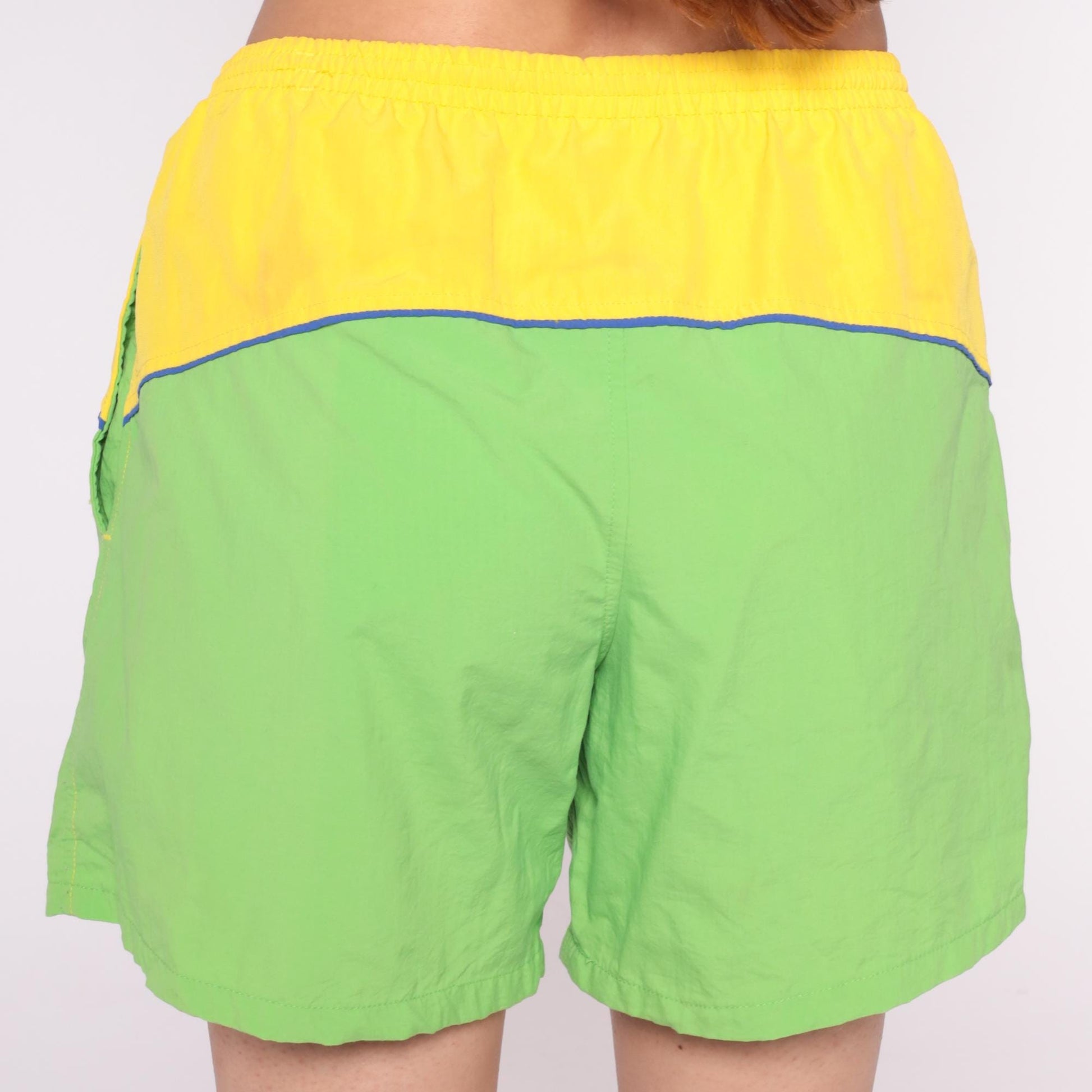 80s Colorblock Athletic Shorts Neon Yellow Lime Green Blue Piping Medium