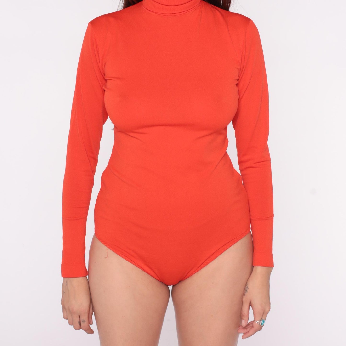 70s Orange Mock Turtleneck Bodysuit Long Sleeve Zip Back Medium