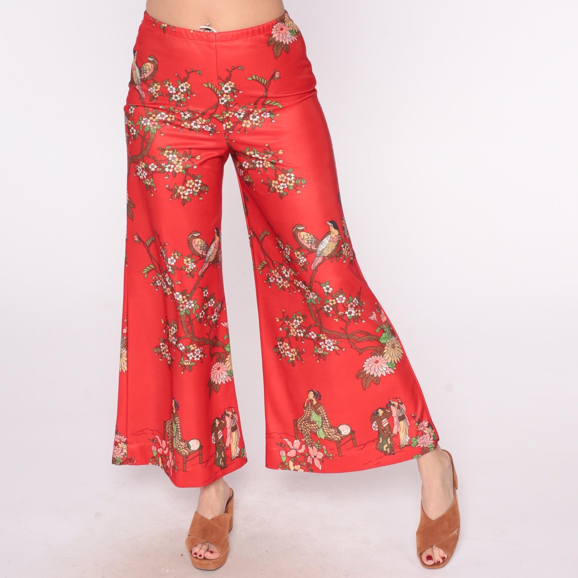 70s Leslie Fay Pheasant Cherry Blossom Two Piece Set Red Small