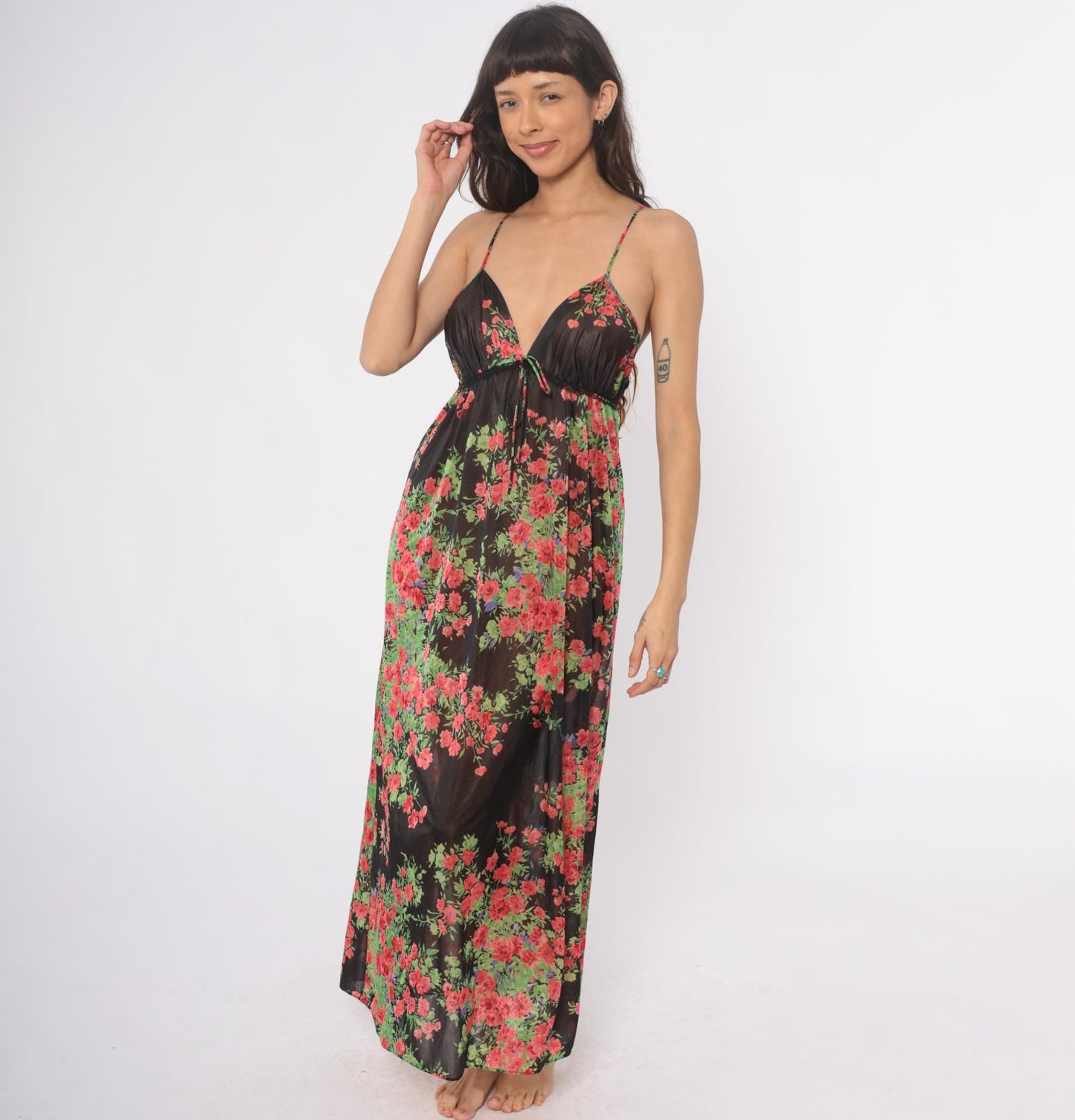70s Black Floral Maxi Slip Dress Empire Waist V-Neck Spaghetti Strap Small