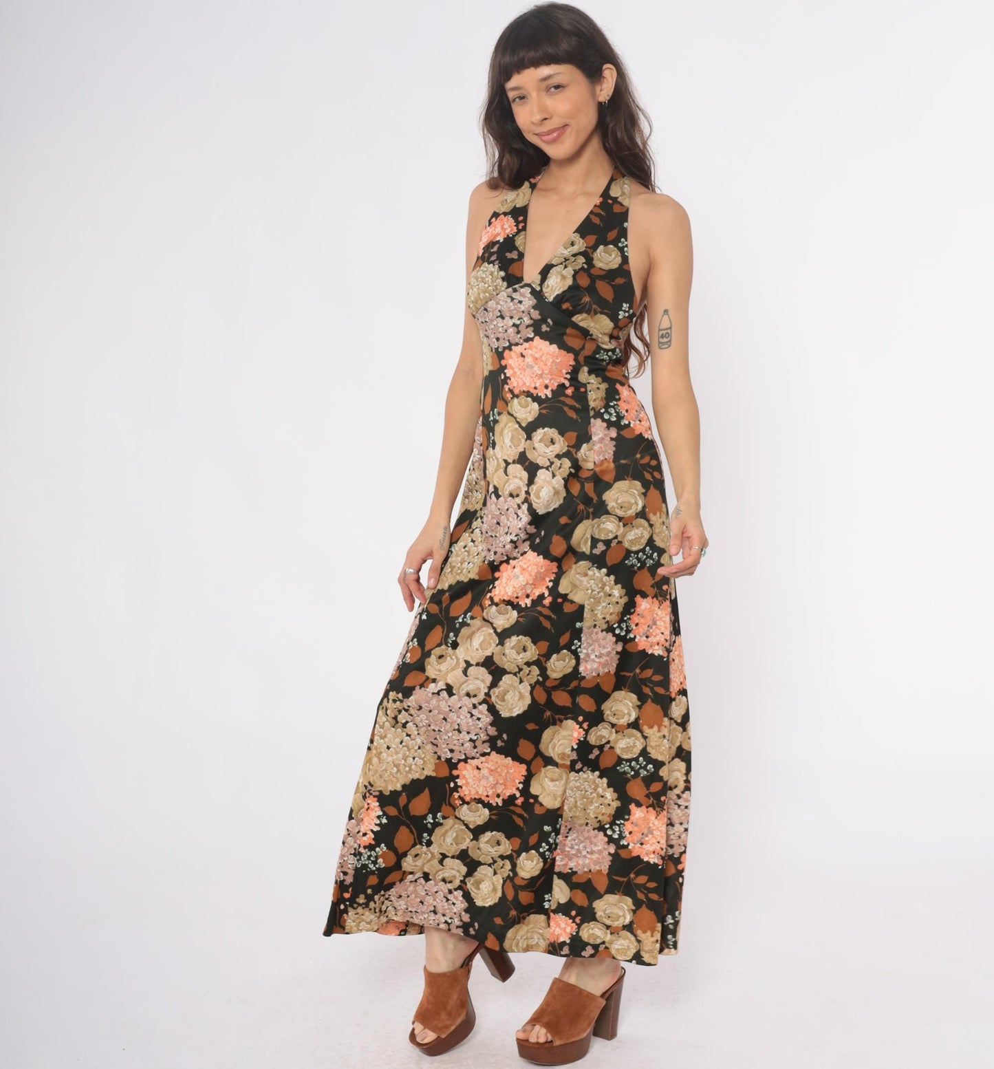 70s Dark Green Floral Halter Maxi Dress Deep V Sleeveless Small