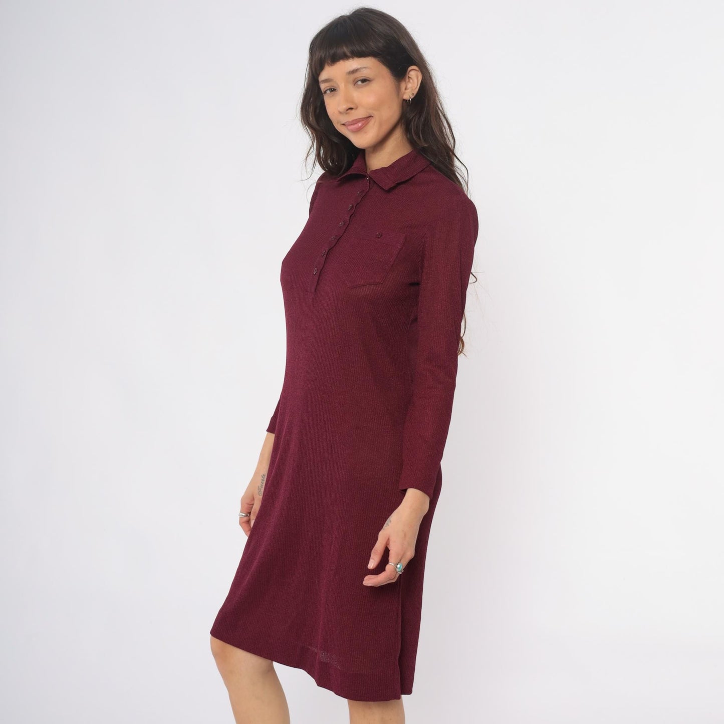 70s Burgundy Ribbed Knit Polo Dress Knee Length Collared Long Sleeve Medium