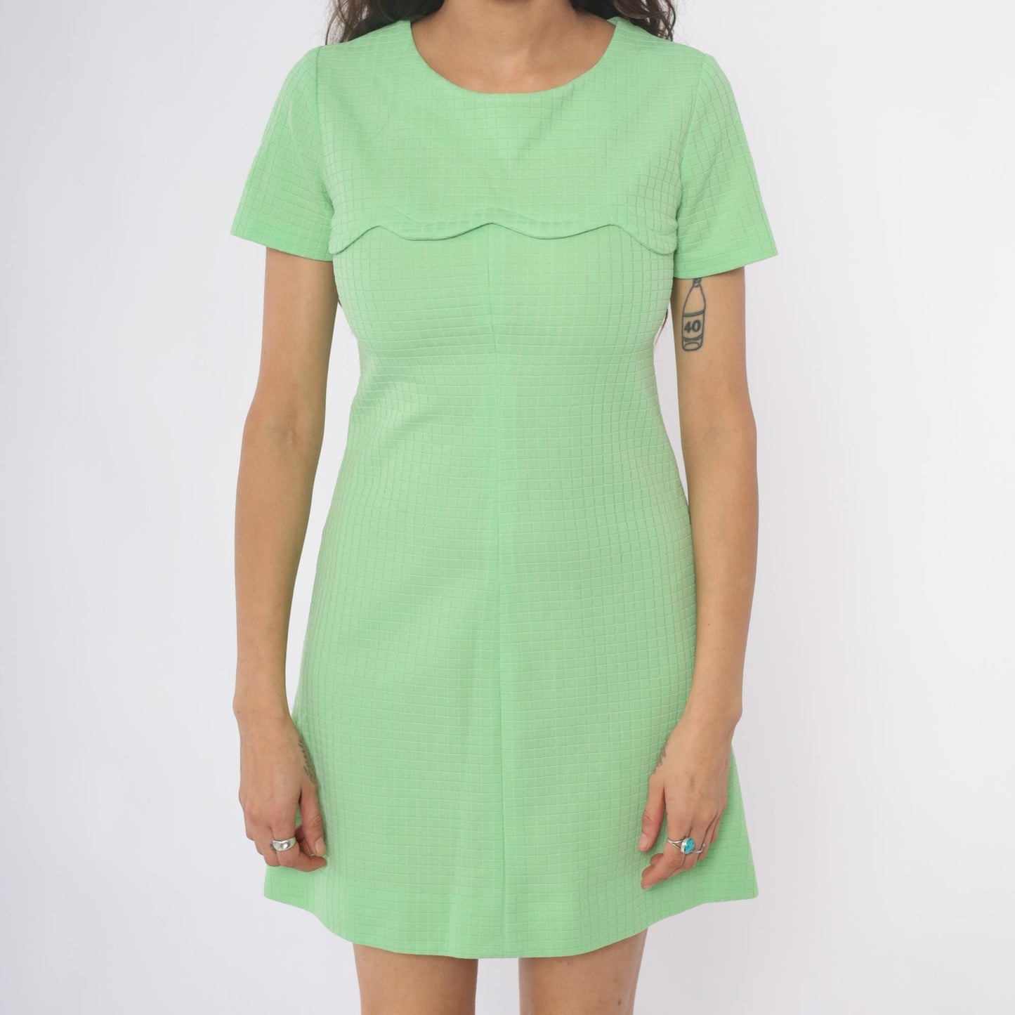 60s Mint Green Mini Shift Dress Scallop Trim Grid Texture Short Sleeve Extra Small XS
