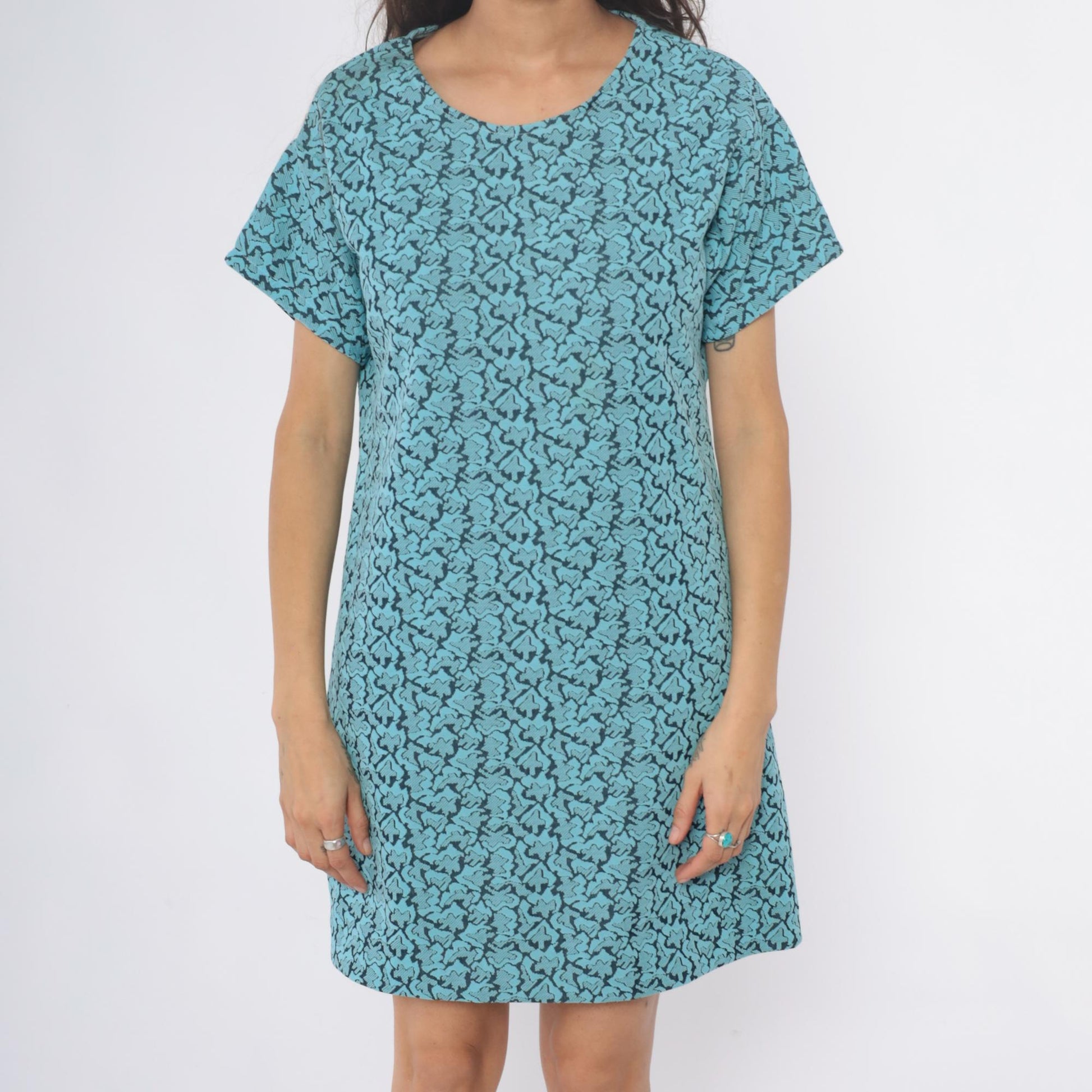 1960s Turquoise Shift Dress Black Floral Damask Print Mini Short Sleeve Large L
