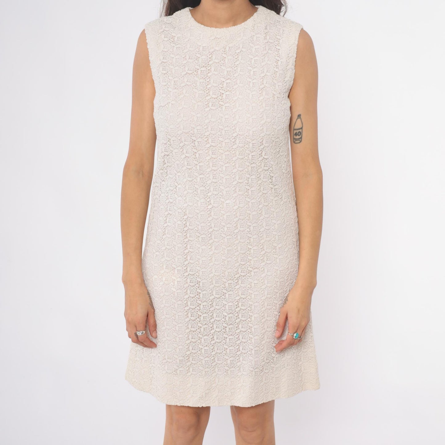 60s Cream Lace Shift Dress Sleeveless A-Line Mini Round Neck Small S