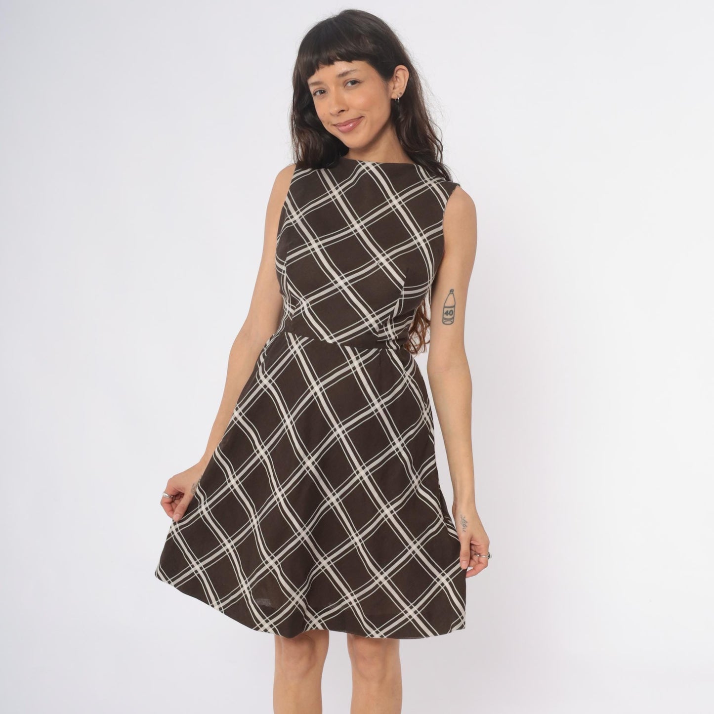 60s Brown White Windowpane Plaid A-Line Dress Sleeveless Boat Neck Small