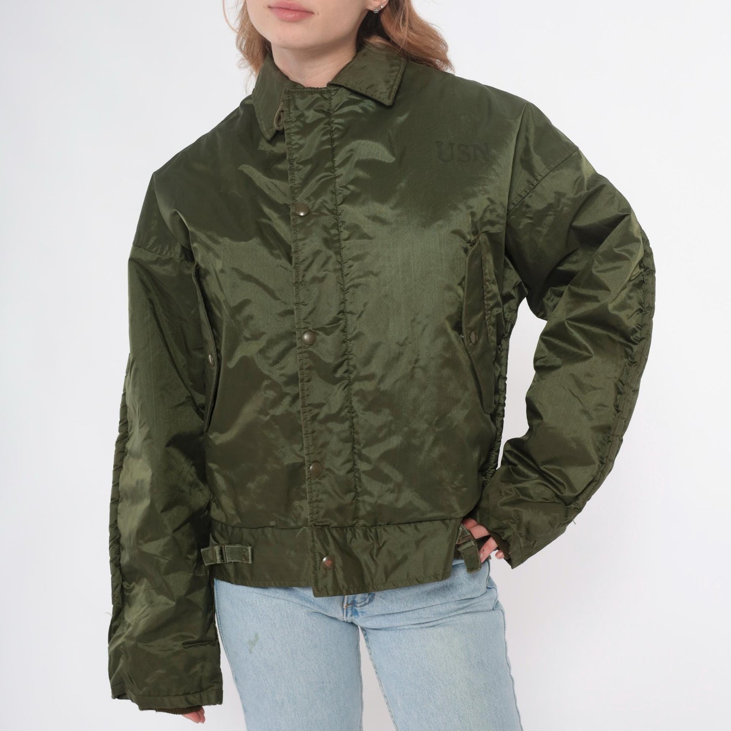 60s US Navy A1 Bomber Jacket Olive Green Quilted Lined Medium