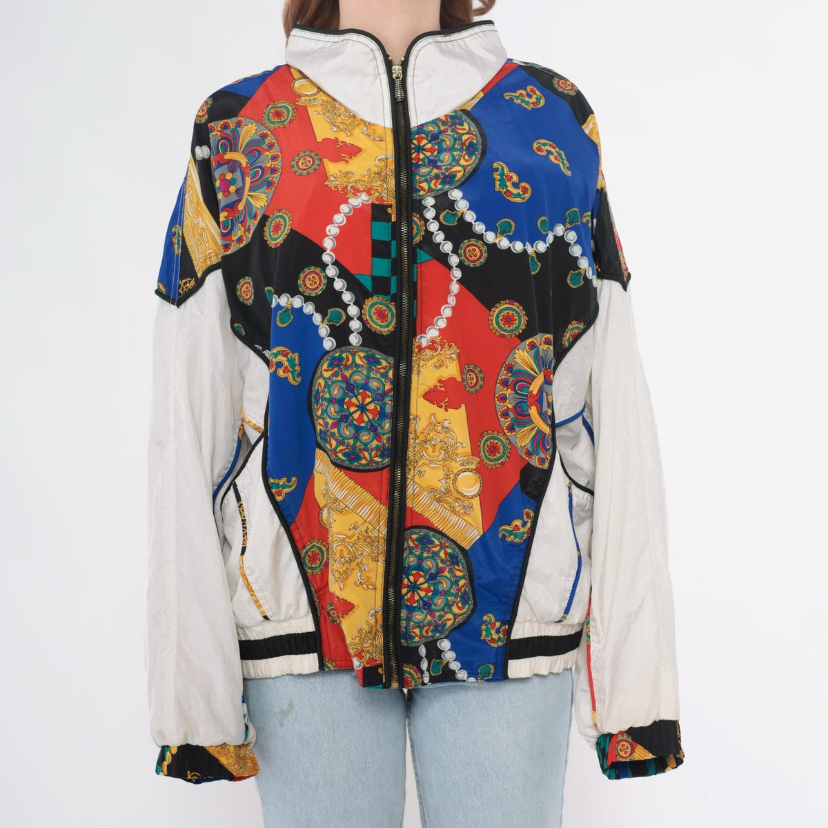 90s East West Windbreaker Multicolor Baroque Checkerboard Chain Print Large