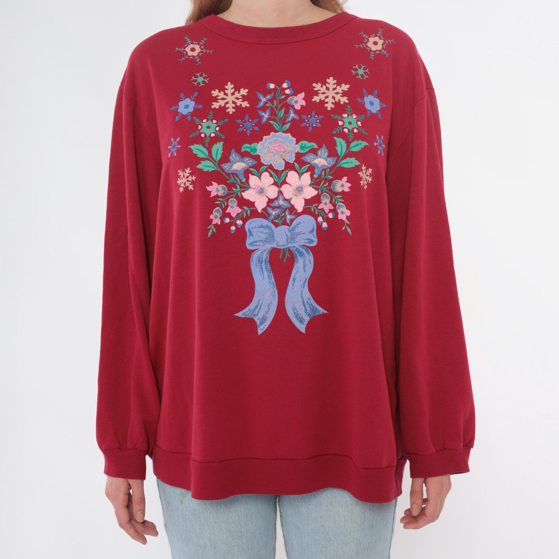 90s Hot Pink Floral Snowflake Embroidered Sweatshirt Crewneck Extra Large XXL