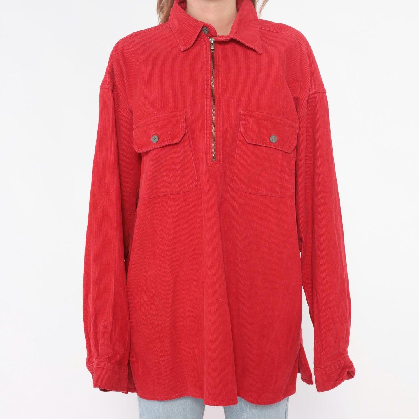 90s Marlboro Corduroy Half-Zip Shirt Red Cotton Collared Medium