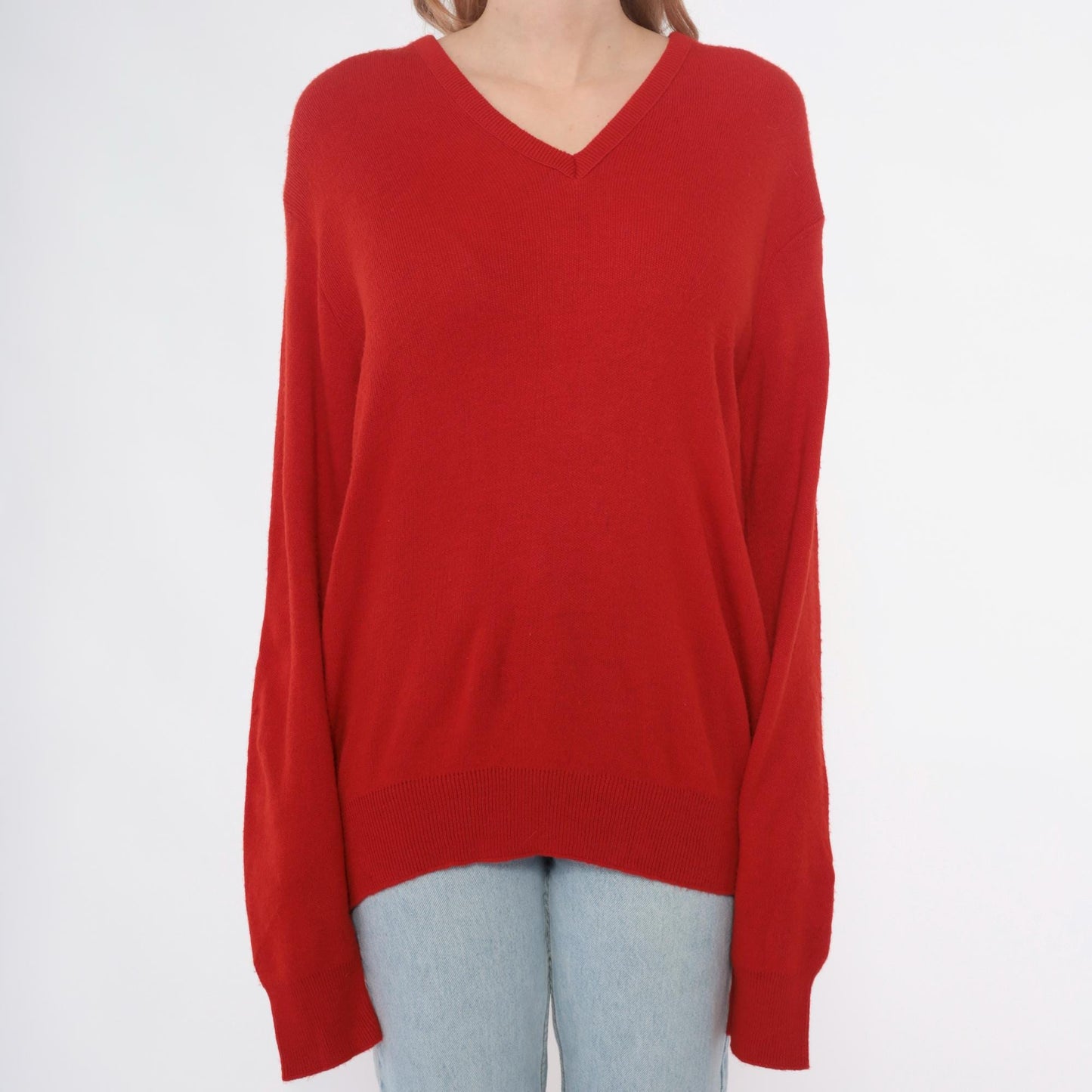 90s Puritan Red V-Neck Sweater Ribbed Knit Pullover Large L