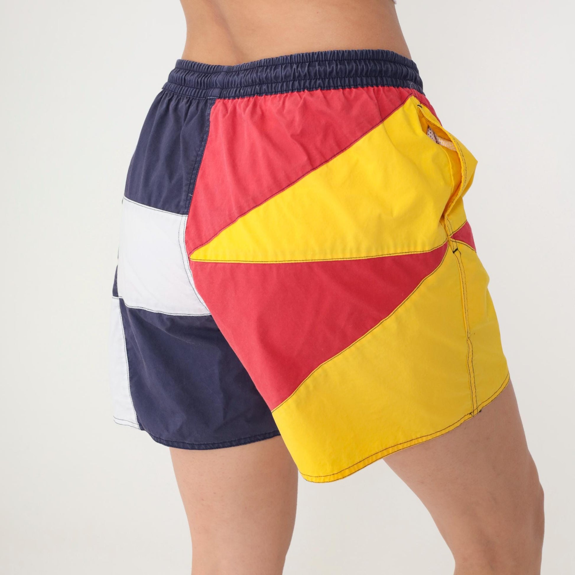 90s Newport Blue Colorblock Swim Shorts Navy White Red Yellow Medium Large