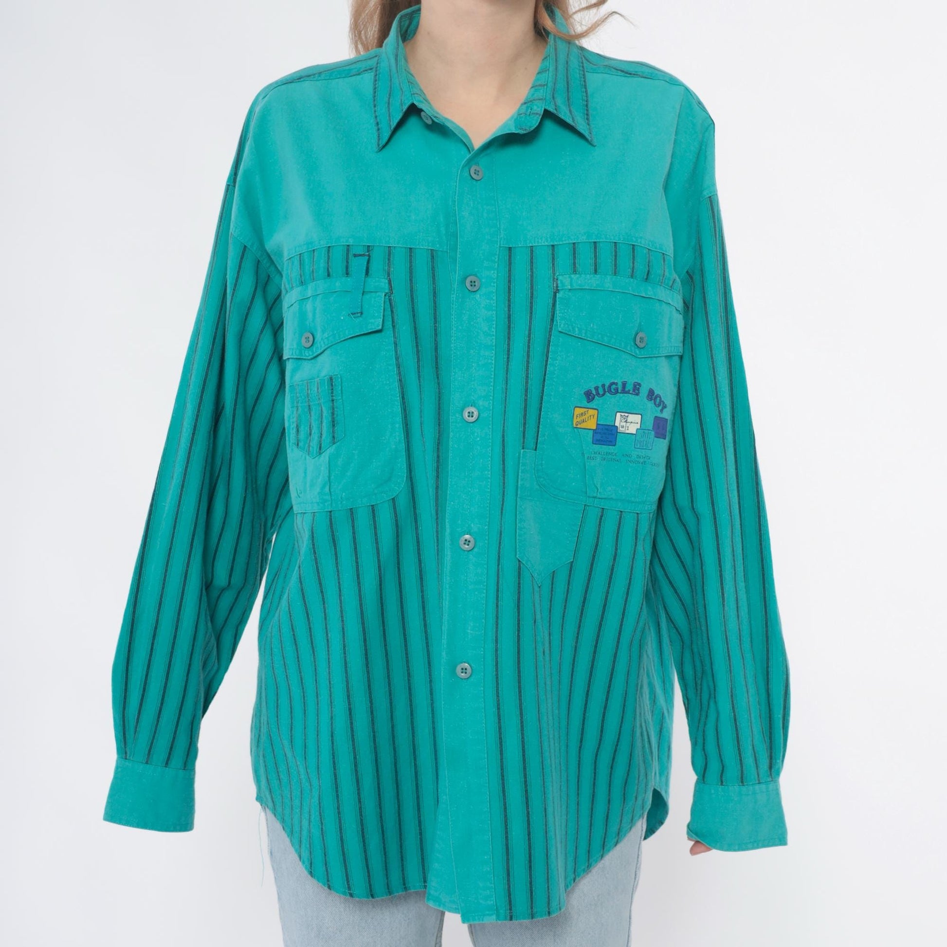 90s Bugle Boy Turquoise Striped Cotton Button-Up Shirt Large L