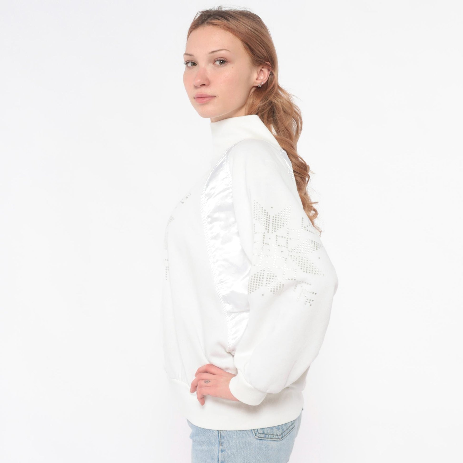 90s Adidas White Rhinestone Snowflake Sweatshirt Satin Panel Medium M