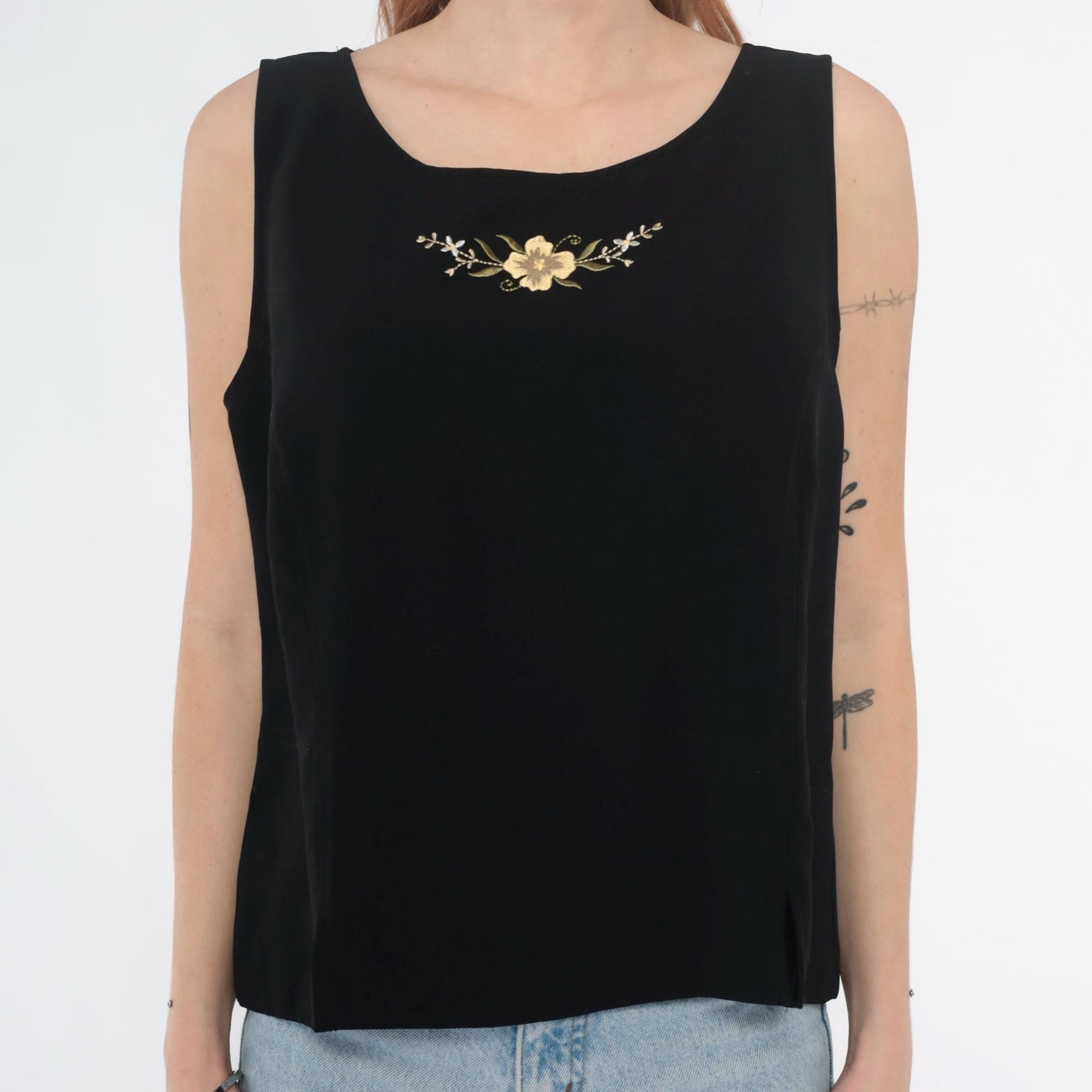 90s Peter Popovitch Black Tank Top Gold Floral Embroidery Large L