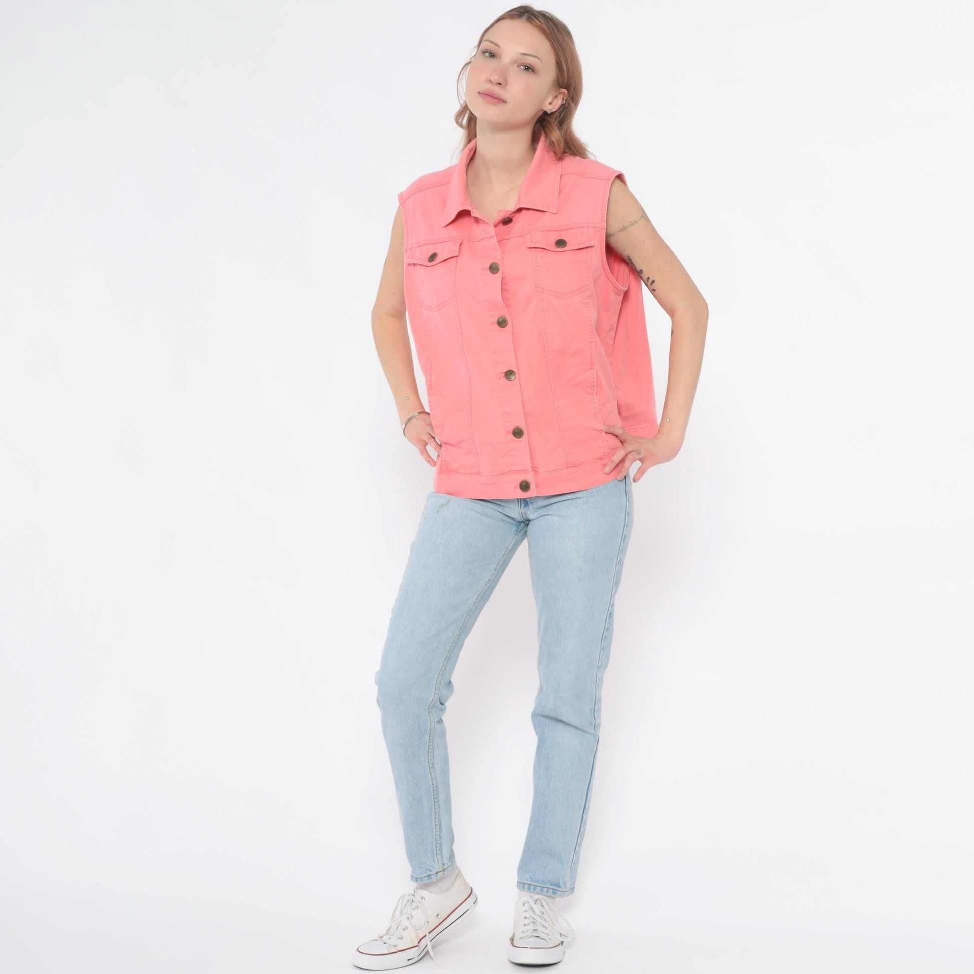90s Bend Over Pink Denim Vest Button Front Pointed Collar Extra Large XL