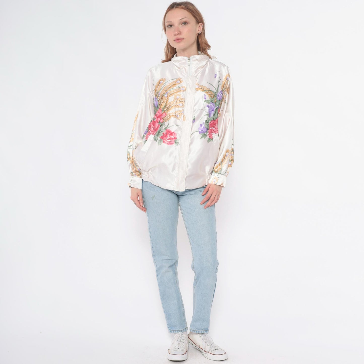 90s Floral Windbreaker Jacket White Zip Botanical Print Medium M