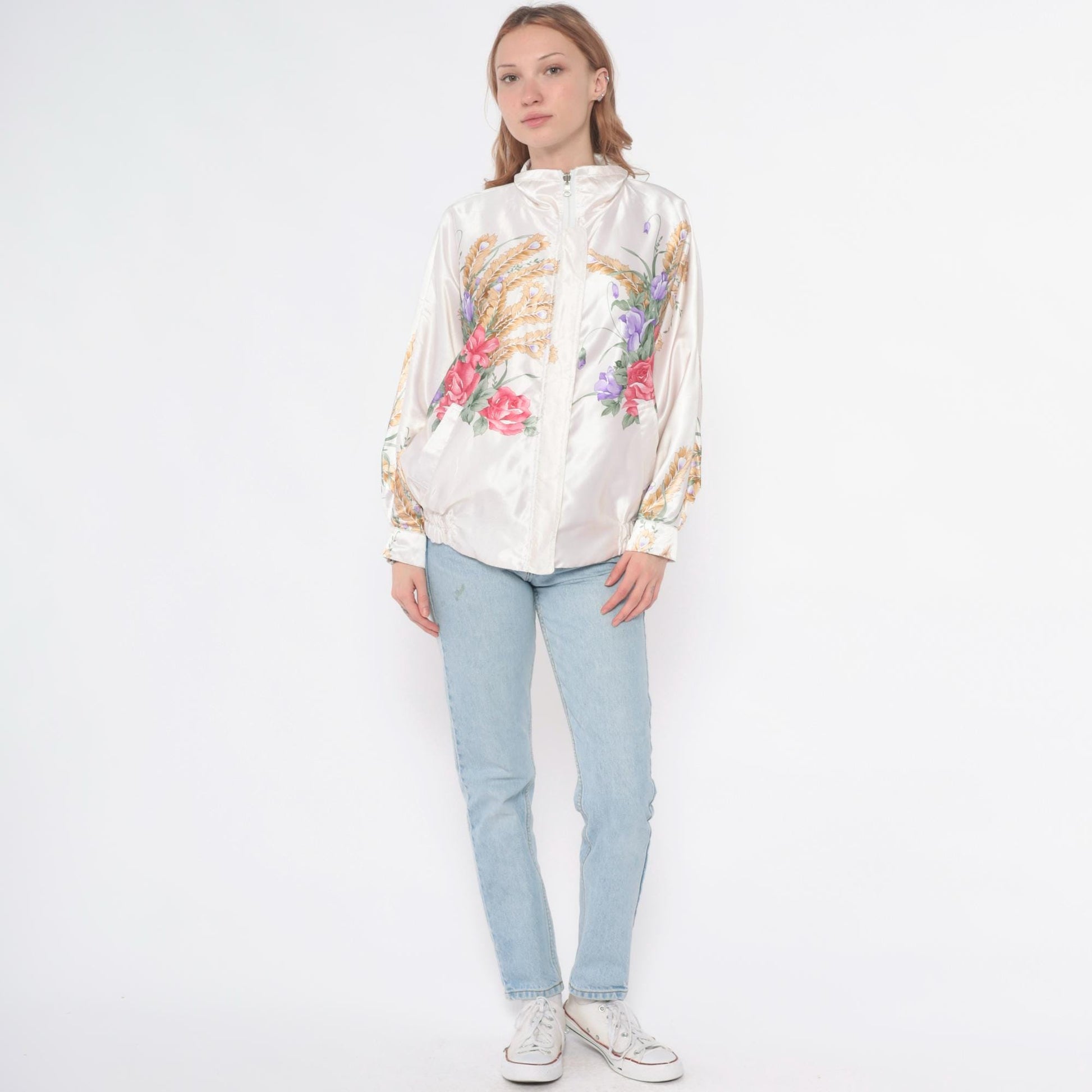 90s Floral Windbreaker Jacket White Zip Botanical Print Medium M