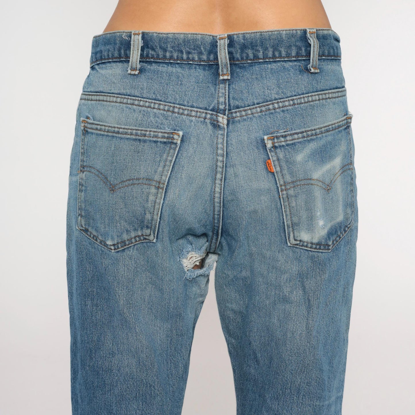 80s Levi's Bootcut Jeans Light Blue Faded Orange Tab Button Fly 34W 31L