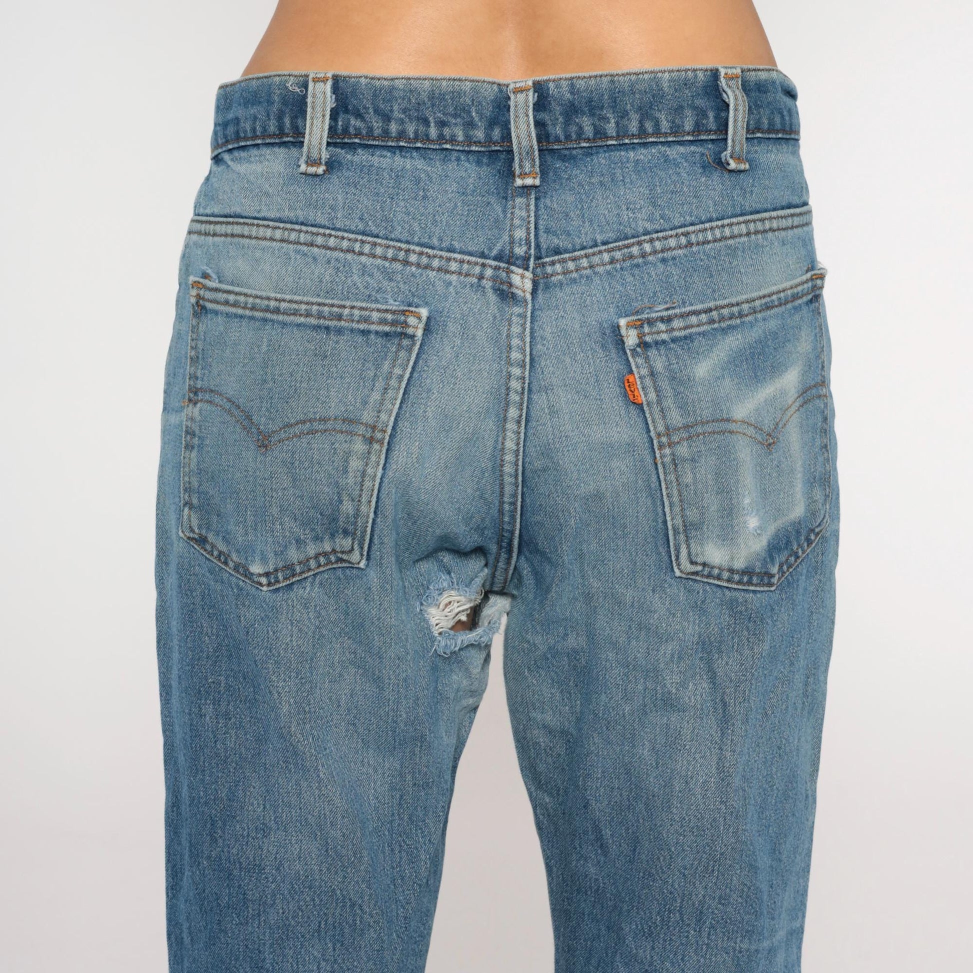 80s Levi's Bootcut Jeans Light Blue Faded Orange Tab Button Fly 34W 31L