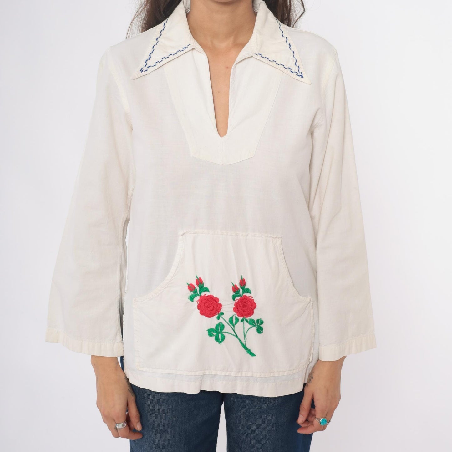 70s Cream Embroidered Rose Tunic Cotton Peasant Blouse Medium M