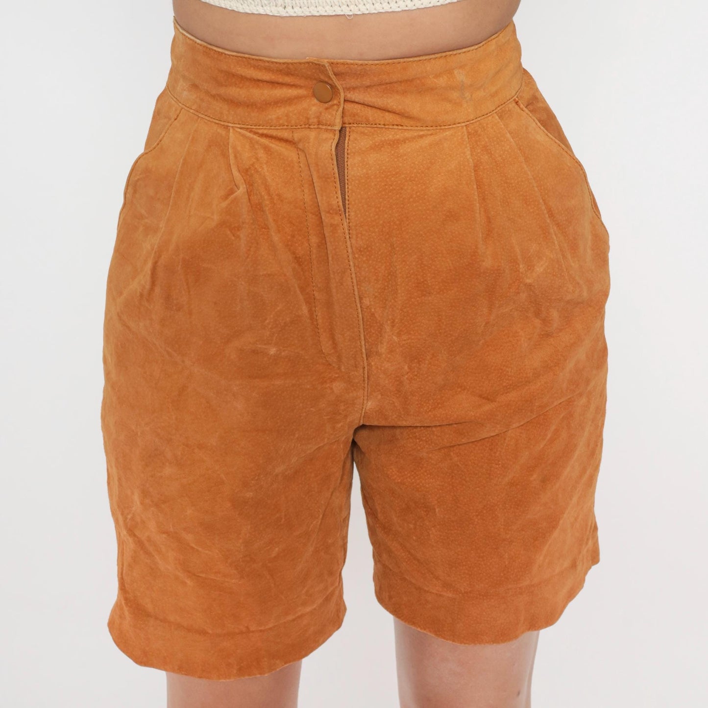 90s Chia Leather Shorts High Waisted Tan Bermuda Pleated Medium