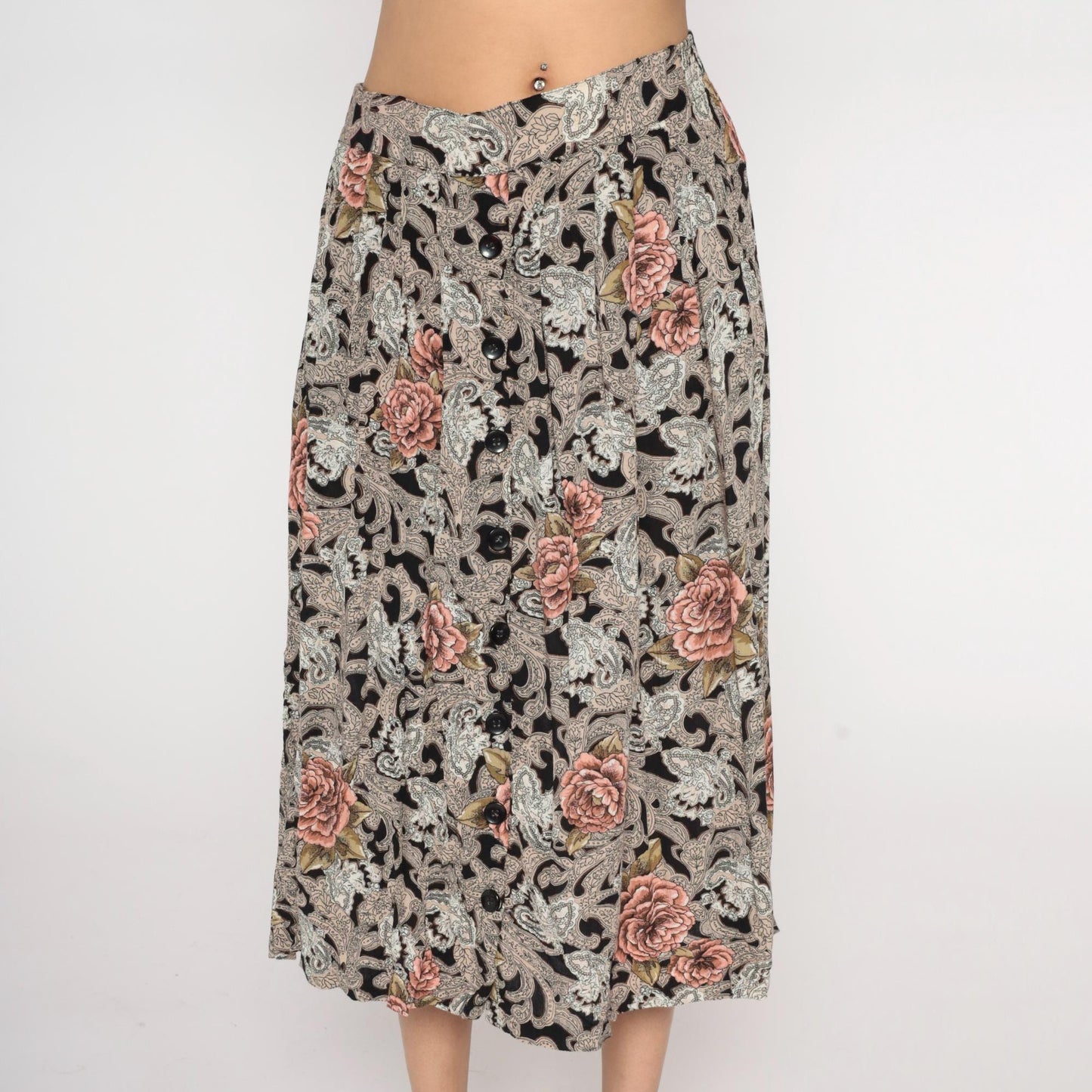 90s Melrose Floral Paisley Midi Skirt Black Pink Elastic Waist Large