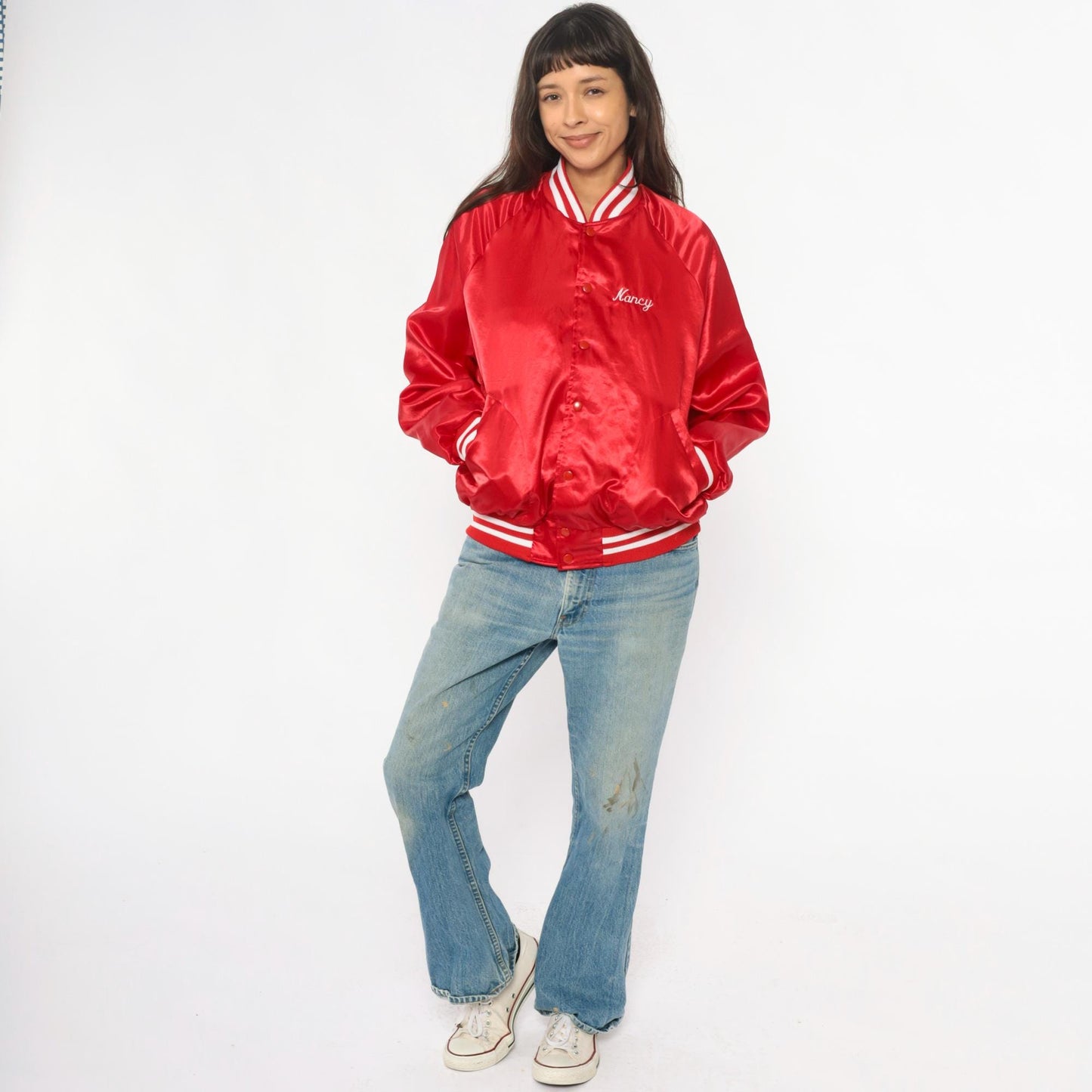 90s Red Satin Bomber Jacket Embroidered Salem Farms Campground Connecticut Large
