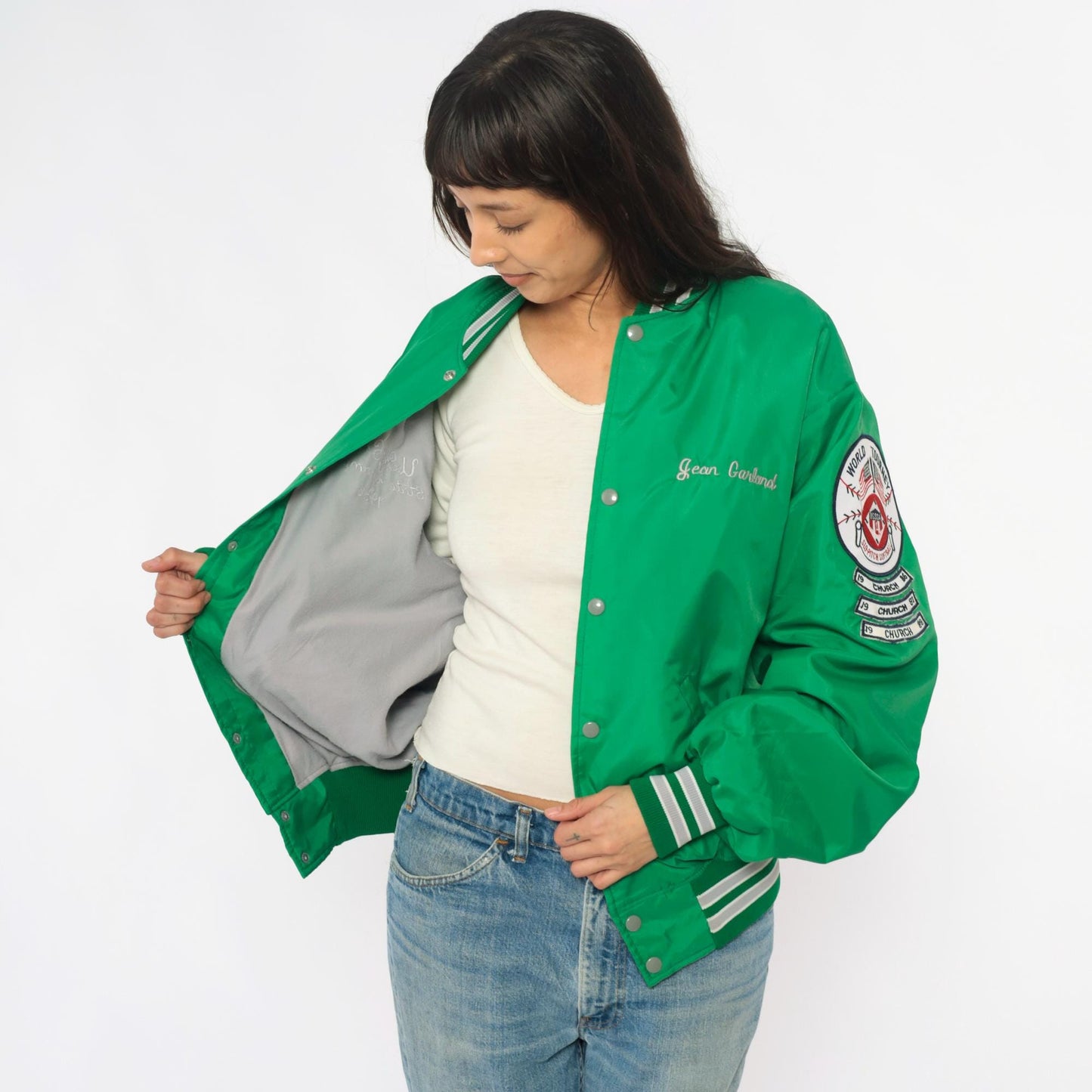 80s Green Varsity Bomber Jacket Embroidered Patches Snap Front Extra Large XL
