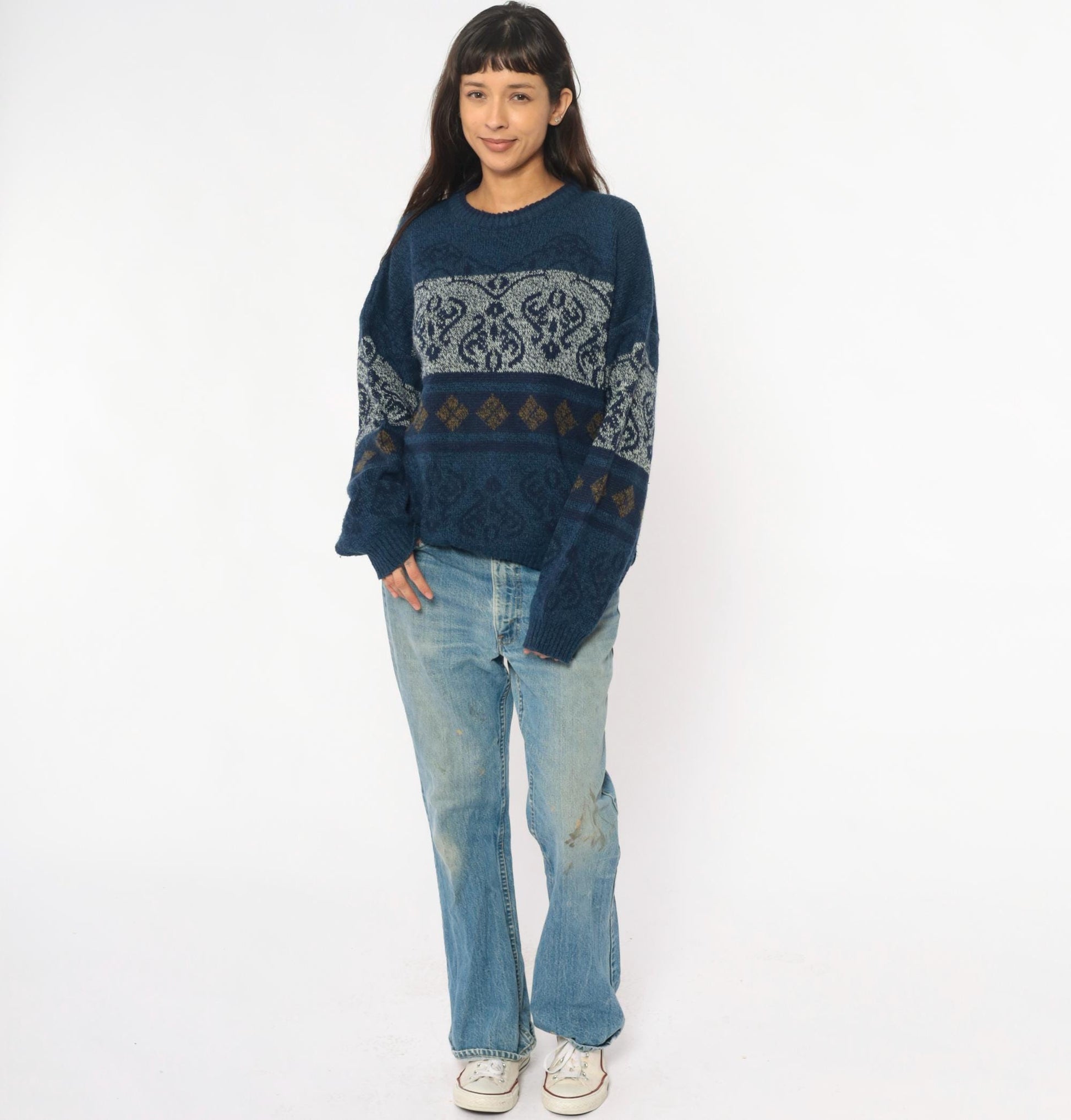 90s Fair Isle Sweater Navy White Gold Geometric Knit Crewneck Large L