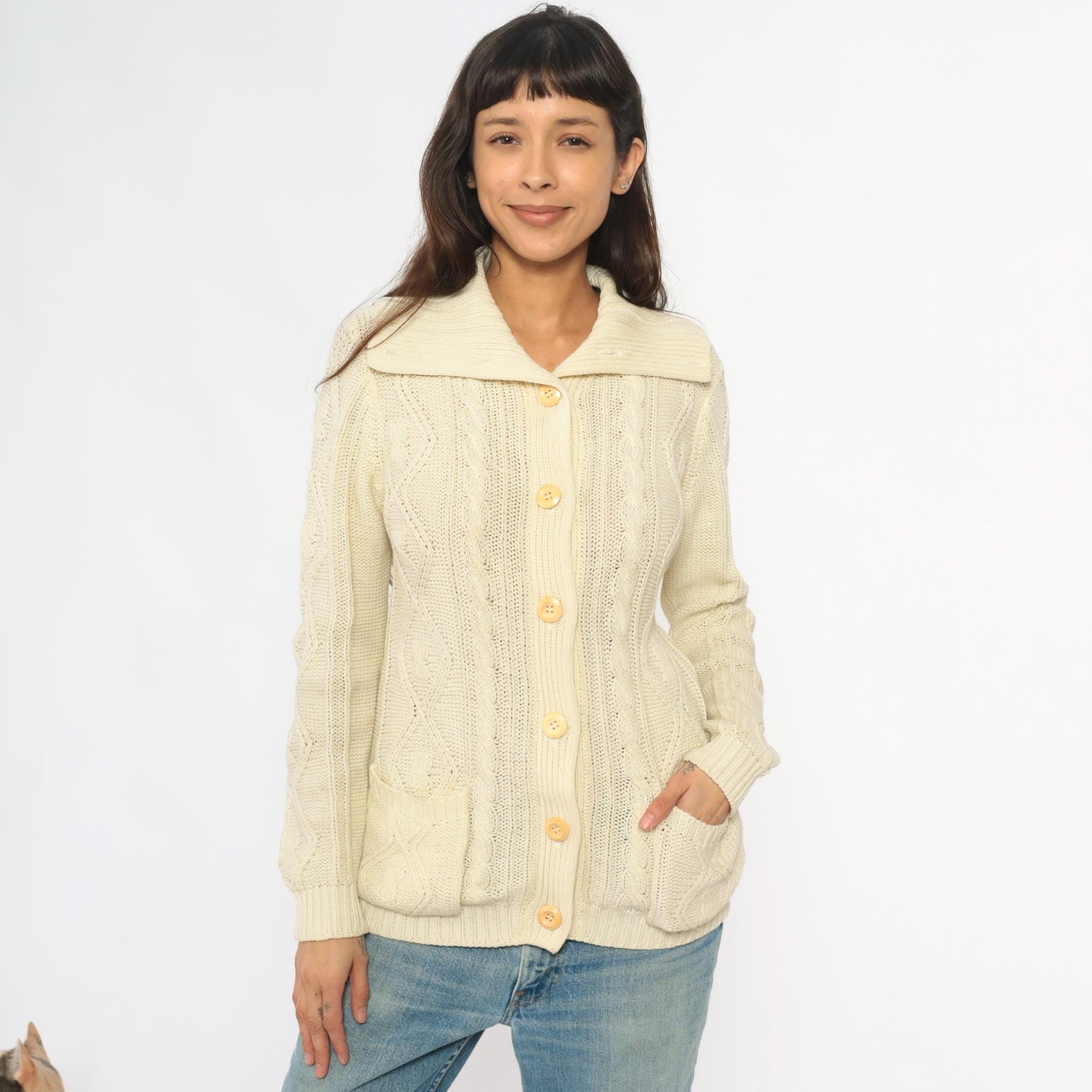 70s Cable Knit Cardigan Cream Shawl Collar Patch Pockets Small
