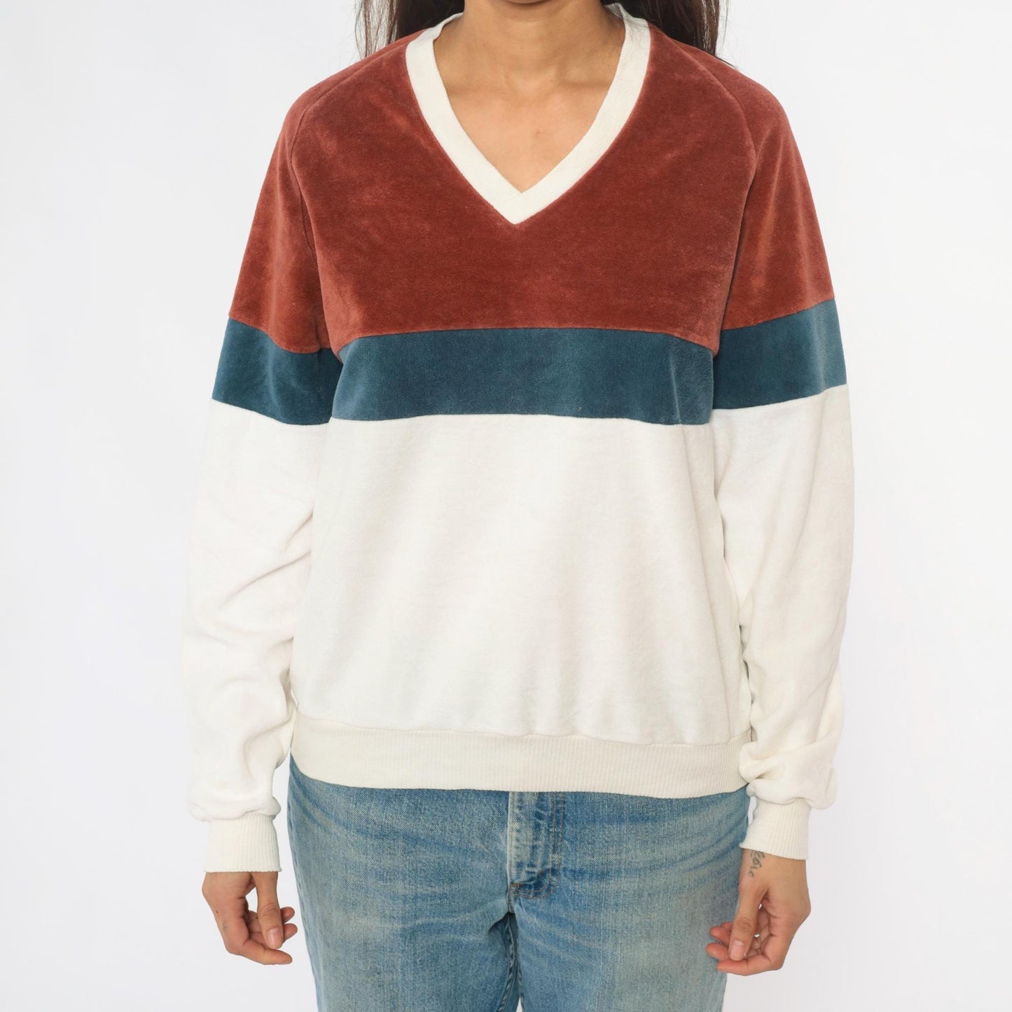 80s Expressions Velour Sweatshirt Color Block Brown Teal Cream Raglan Medium