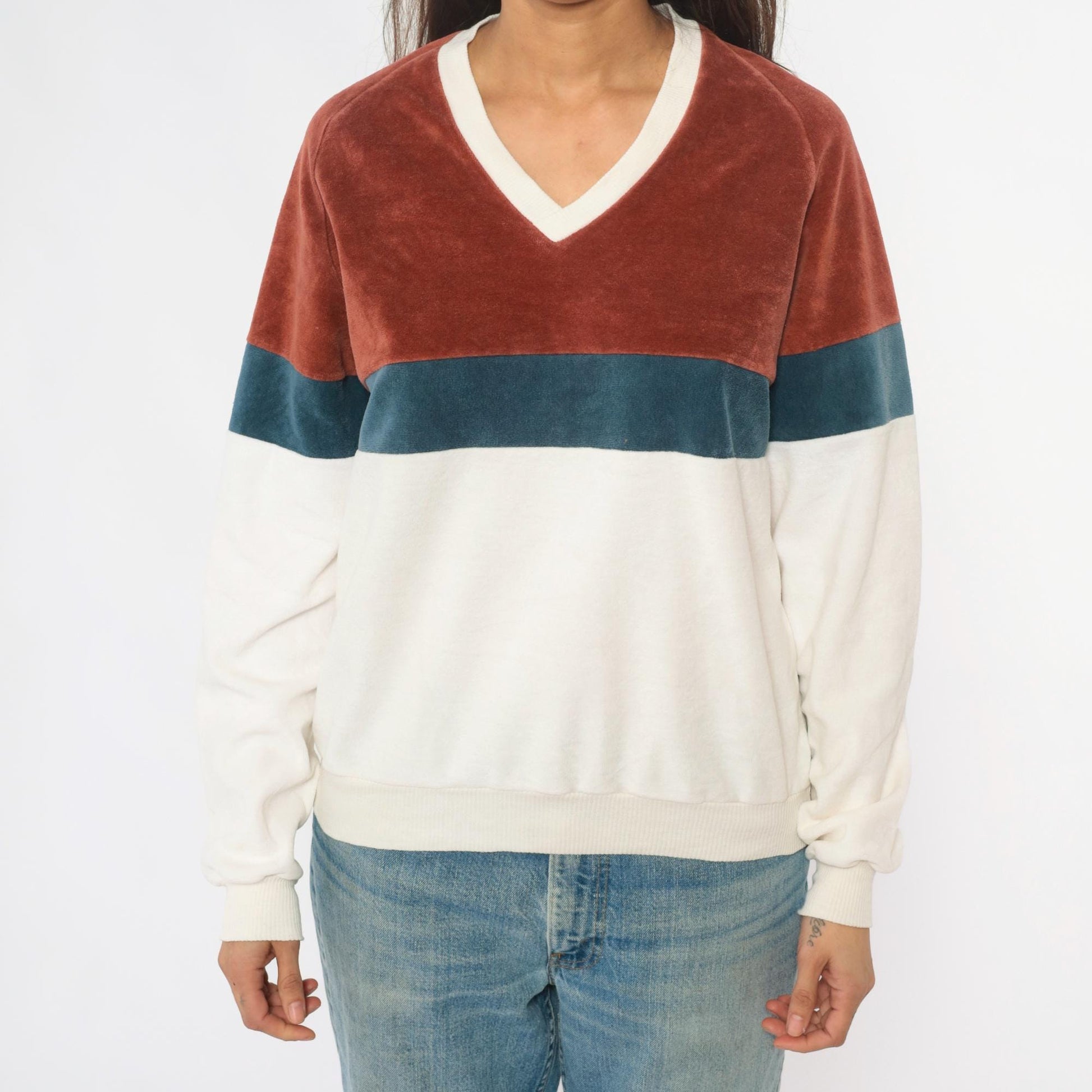 80s Expressions Velour Sweatshirt Color Block Brown Teal Cream Raglan Medium