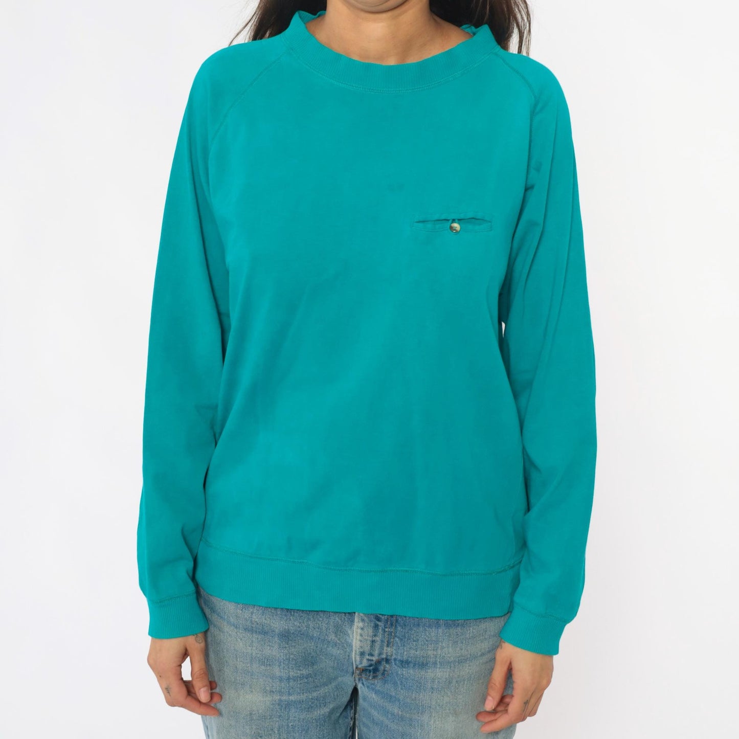 90s Turquoise Cotton Raglan Sweatshirt Pocket Button Detail Medium M