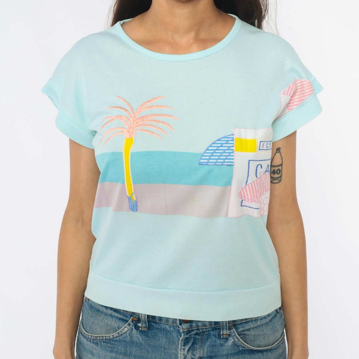 80s Beach Cafe Graphic Sweatshirt Mint Blue Cropped Pocket Medium