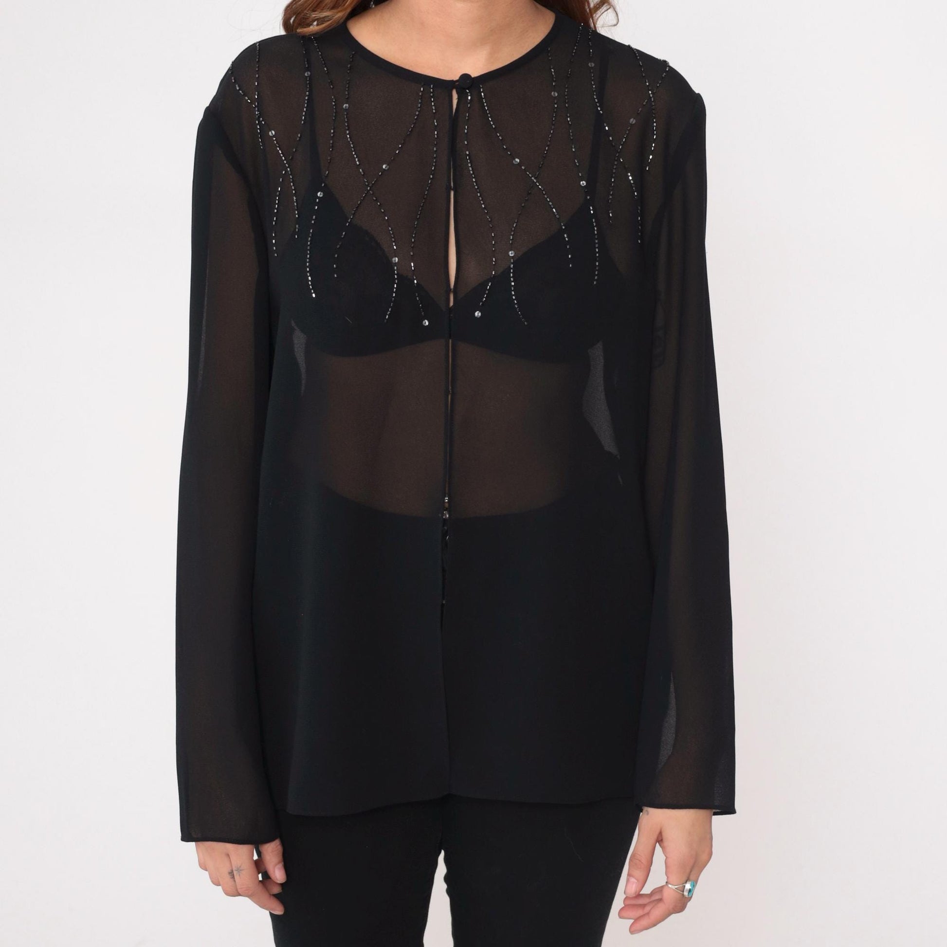 90s Adrianna Papell Black Beaded Blouse Keyhole Neckline Sheer Large L