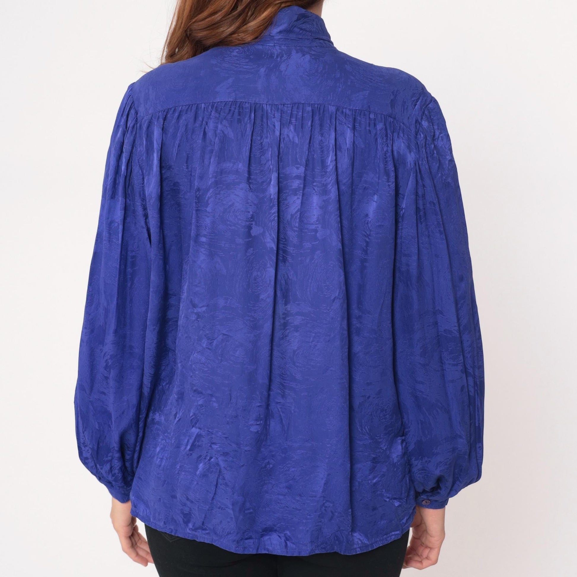 90s Argenti Royal Blue Silk Blouse Pussy Bow Tie Neck Gathered Shoulders Large L