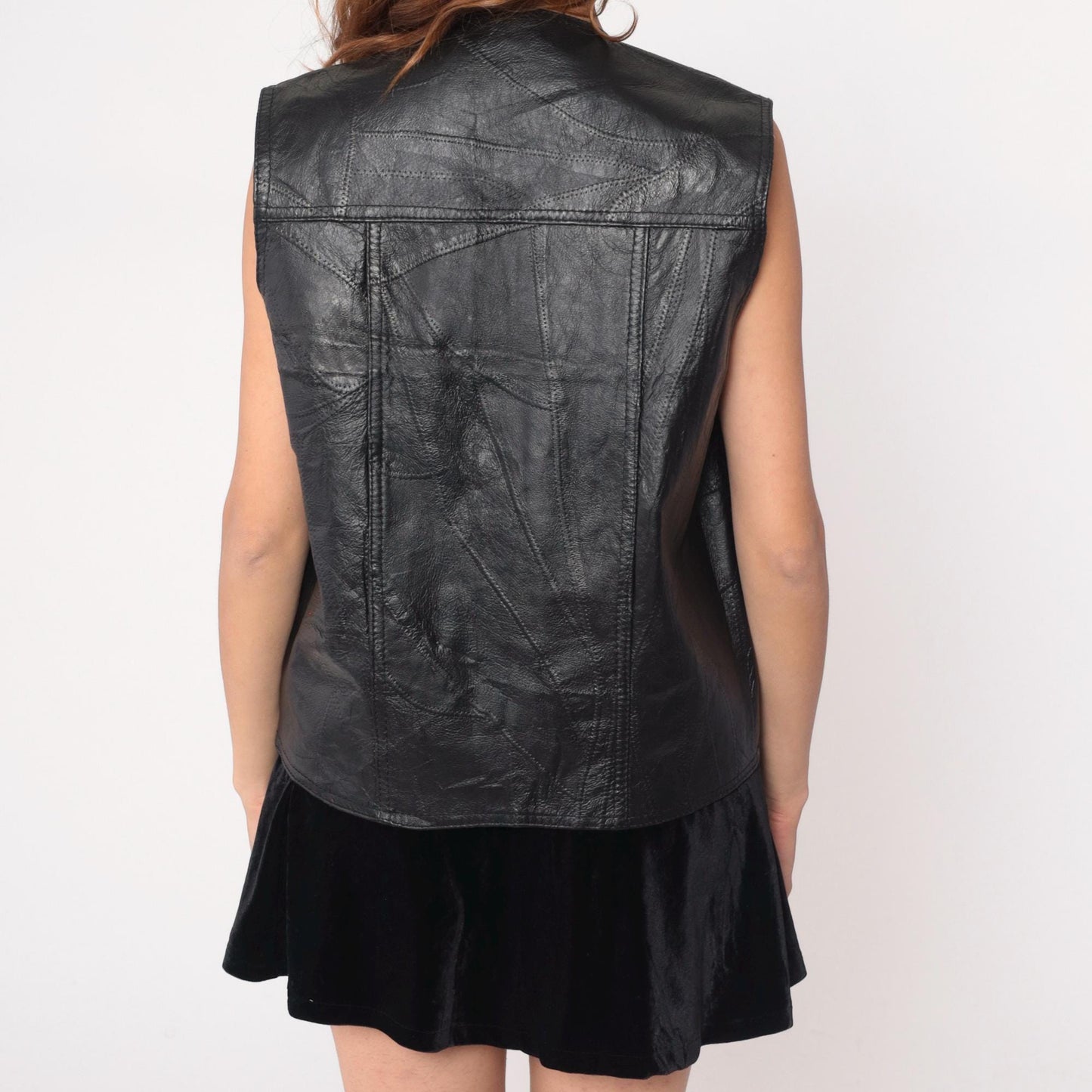 90s Black Leather Vest Button Front V-Neck Sleeveless Large L