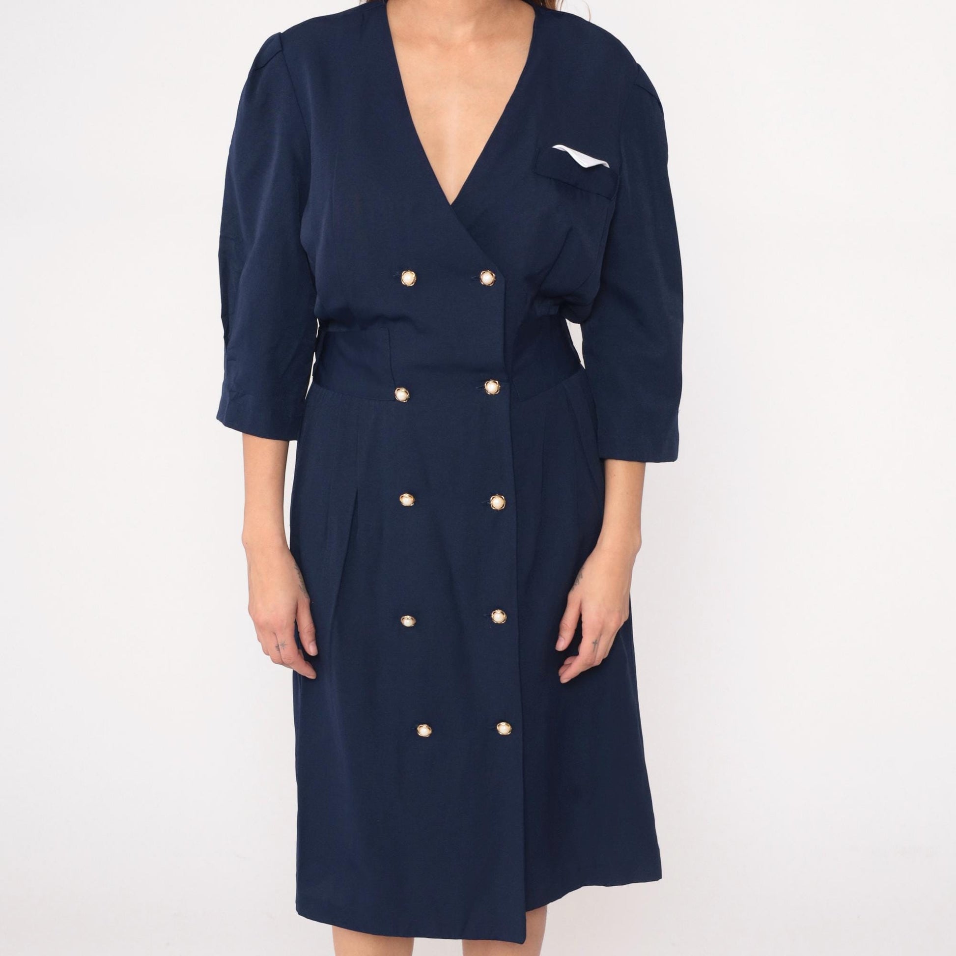 90s Ms. Basia California Navy Double-Breasted Dress Gold Buttons Medium