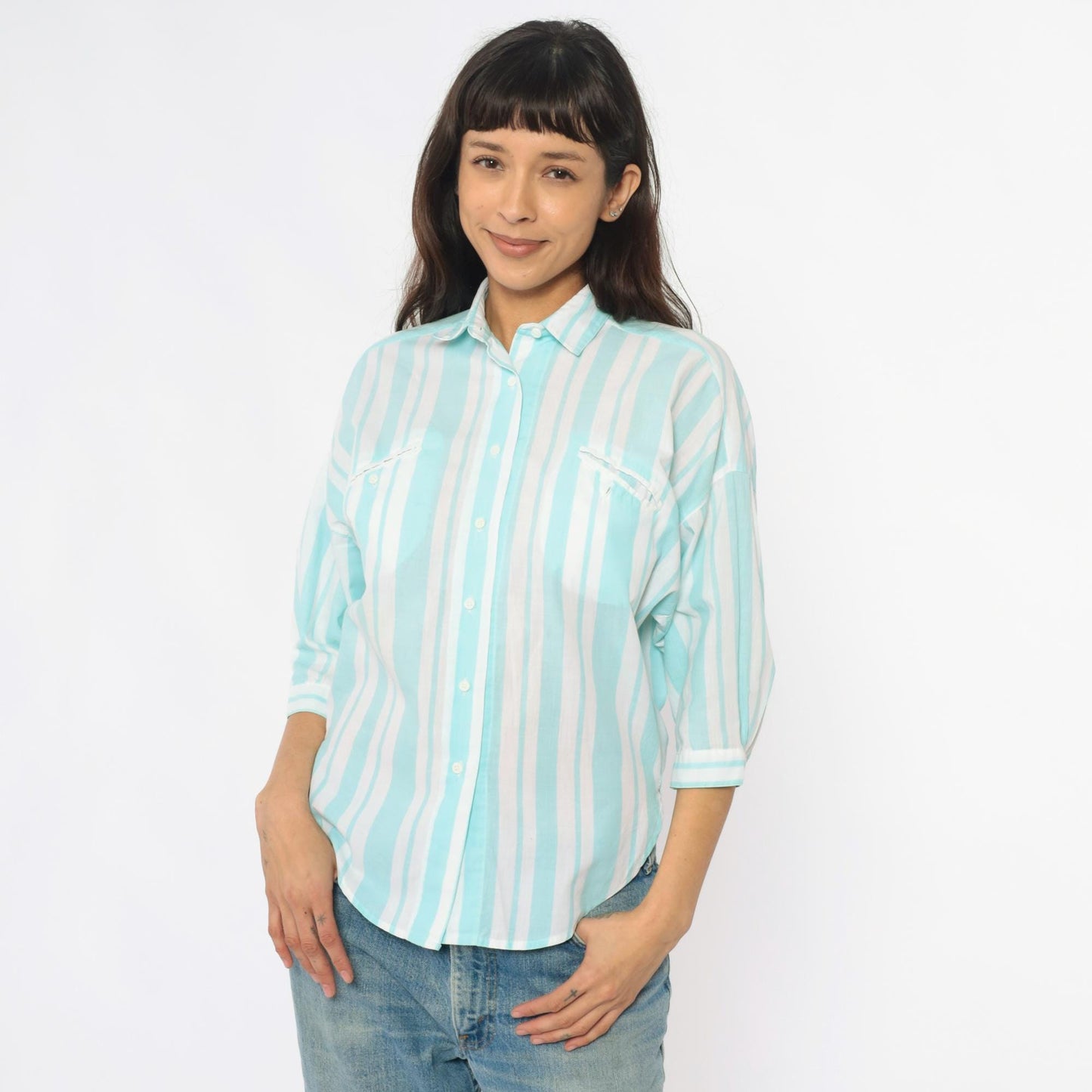 80s Diane von Furstenberg Mint Striped Button-Up Shirt Small S