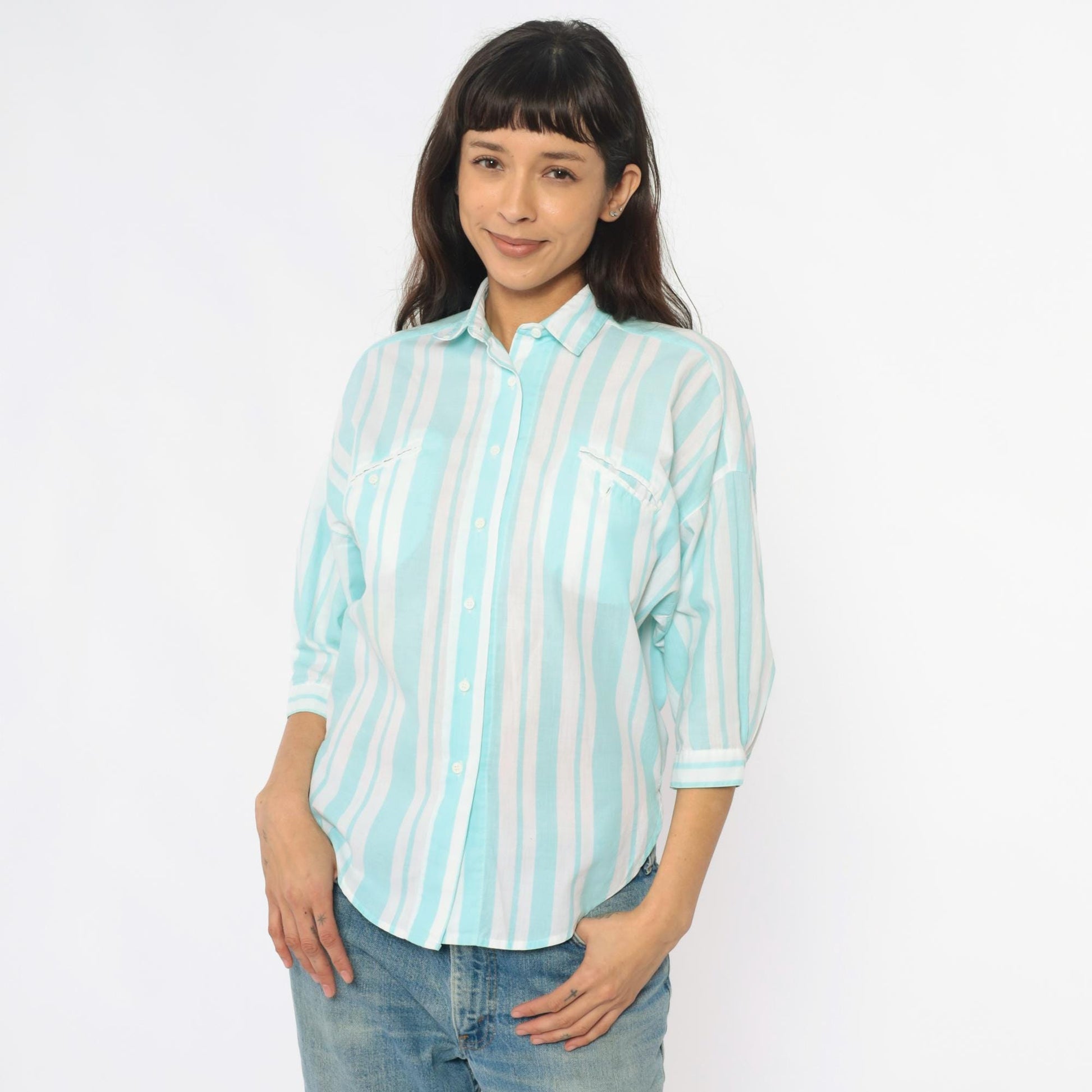 80s Diane von Furstenberg Mint Striped Button-Up Shirt Small S