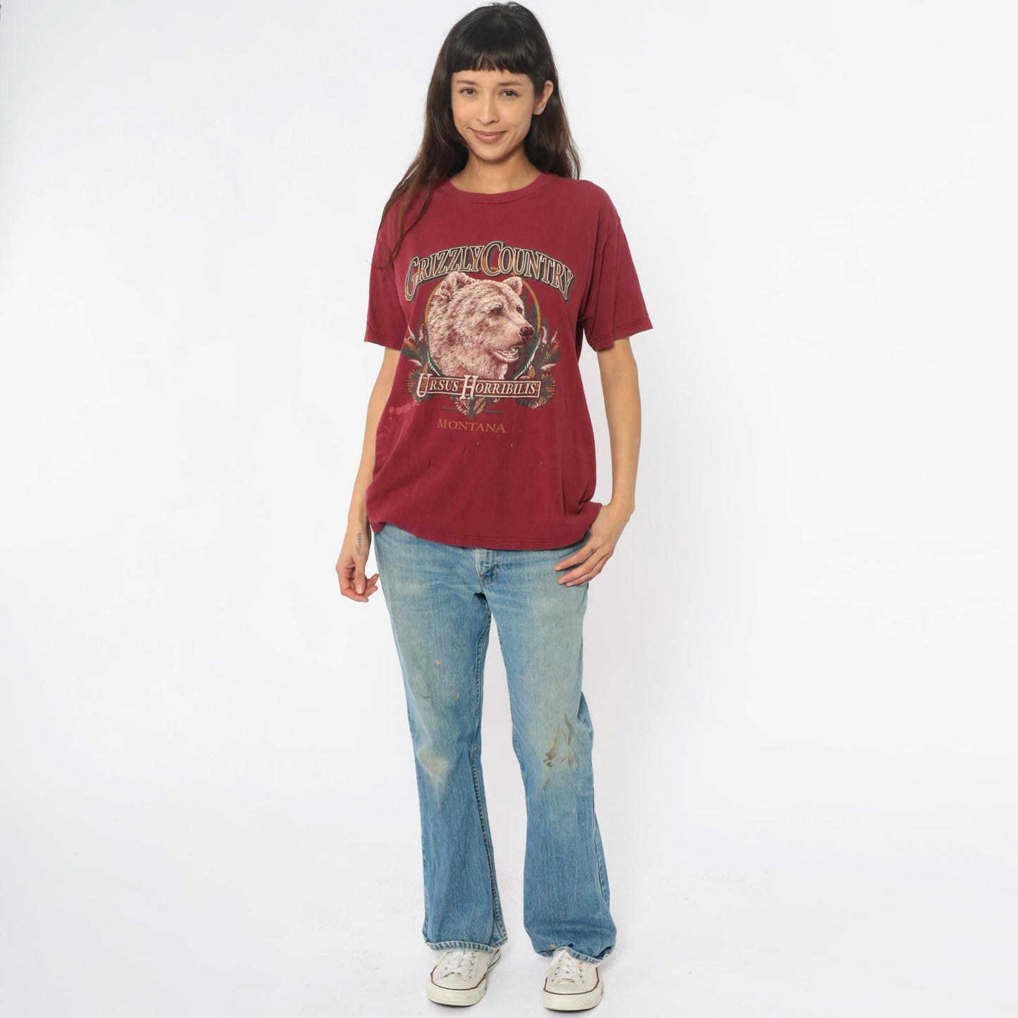 90s Grizzly Bear Montana Graphic Tee Burgundy Cotton Medium M