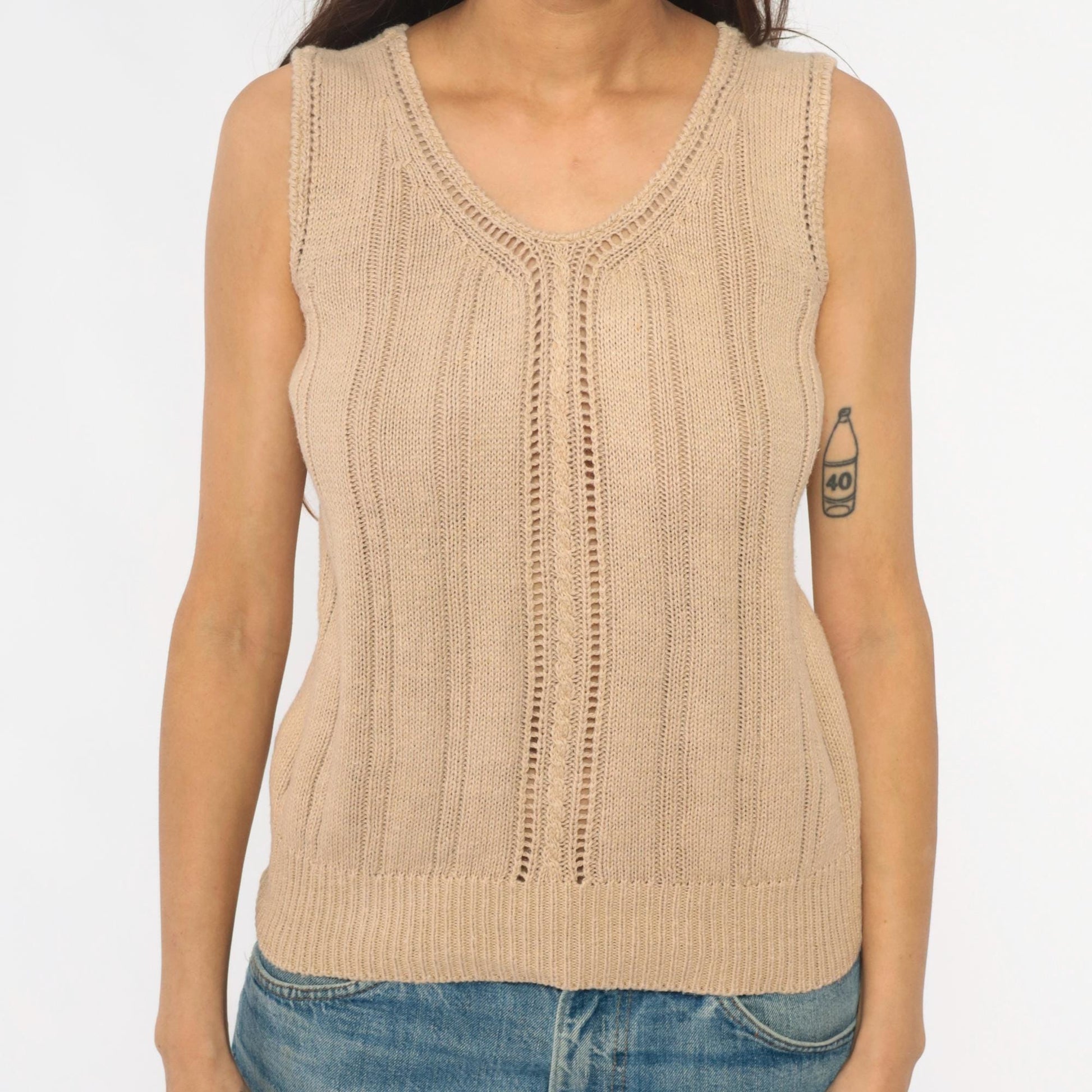 90s Crystal Cream Knit Tank V-Neck Cable Pointelle Cropped Medium M