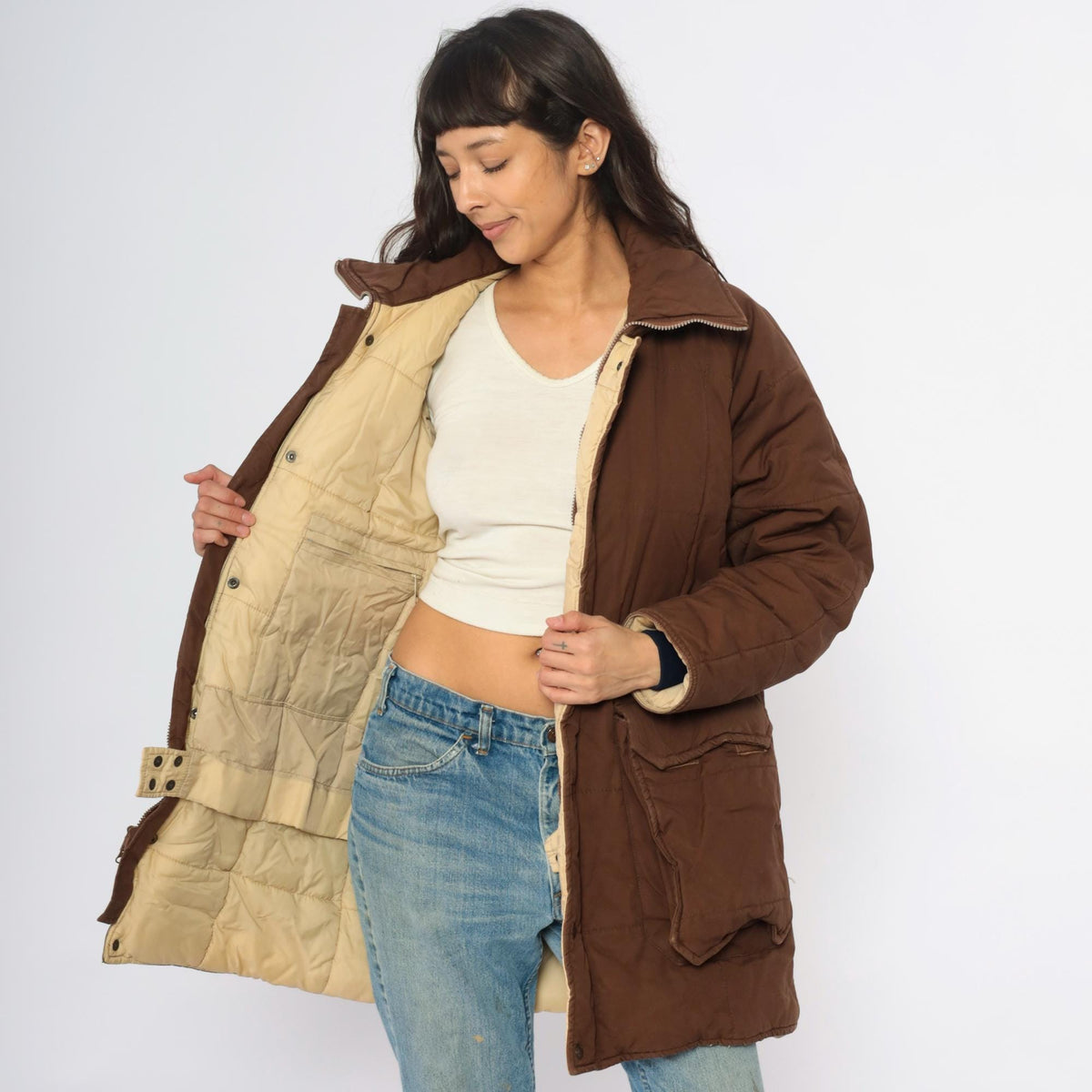 80s REI Brown Quilted Puffer Jacket Corduroy Collar Zip Large