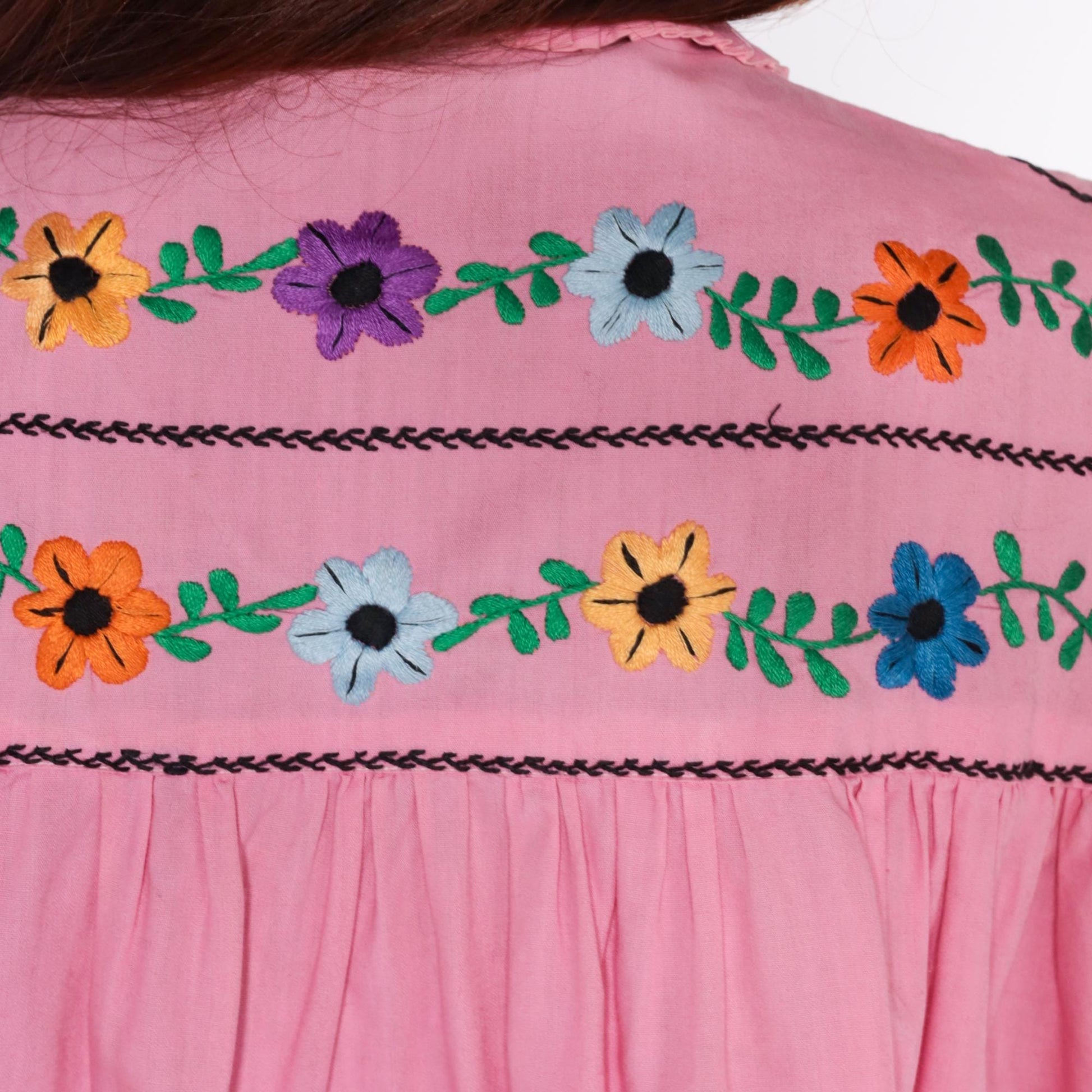70s Mexican Embroidered Pink Floral Blouse Peter Pan Collar Cotton XS